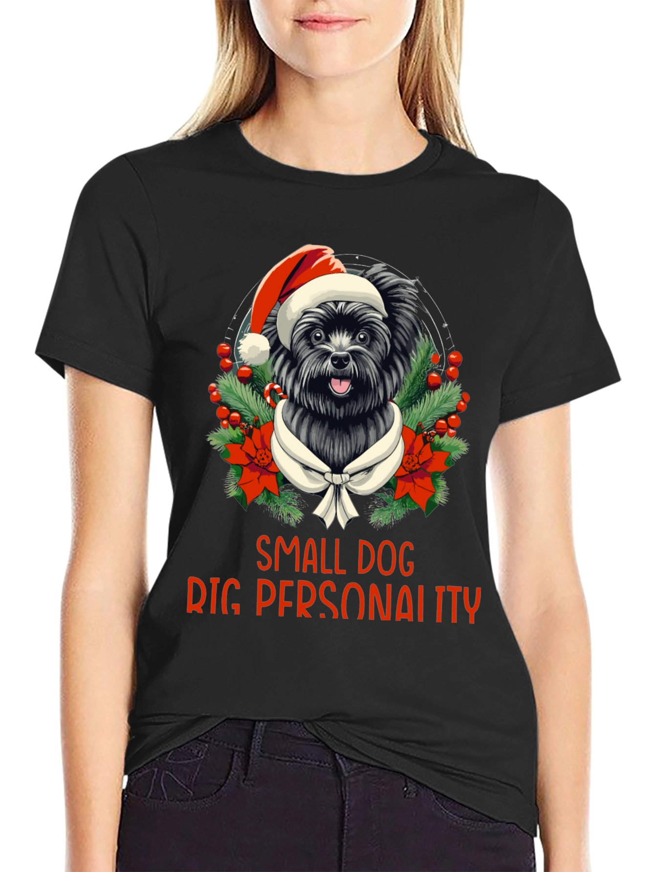 Black Small Dog Big Personality Christmas T-Shirt view 2