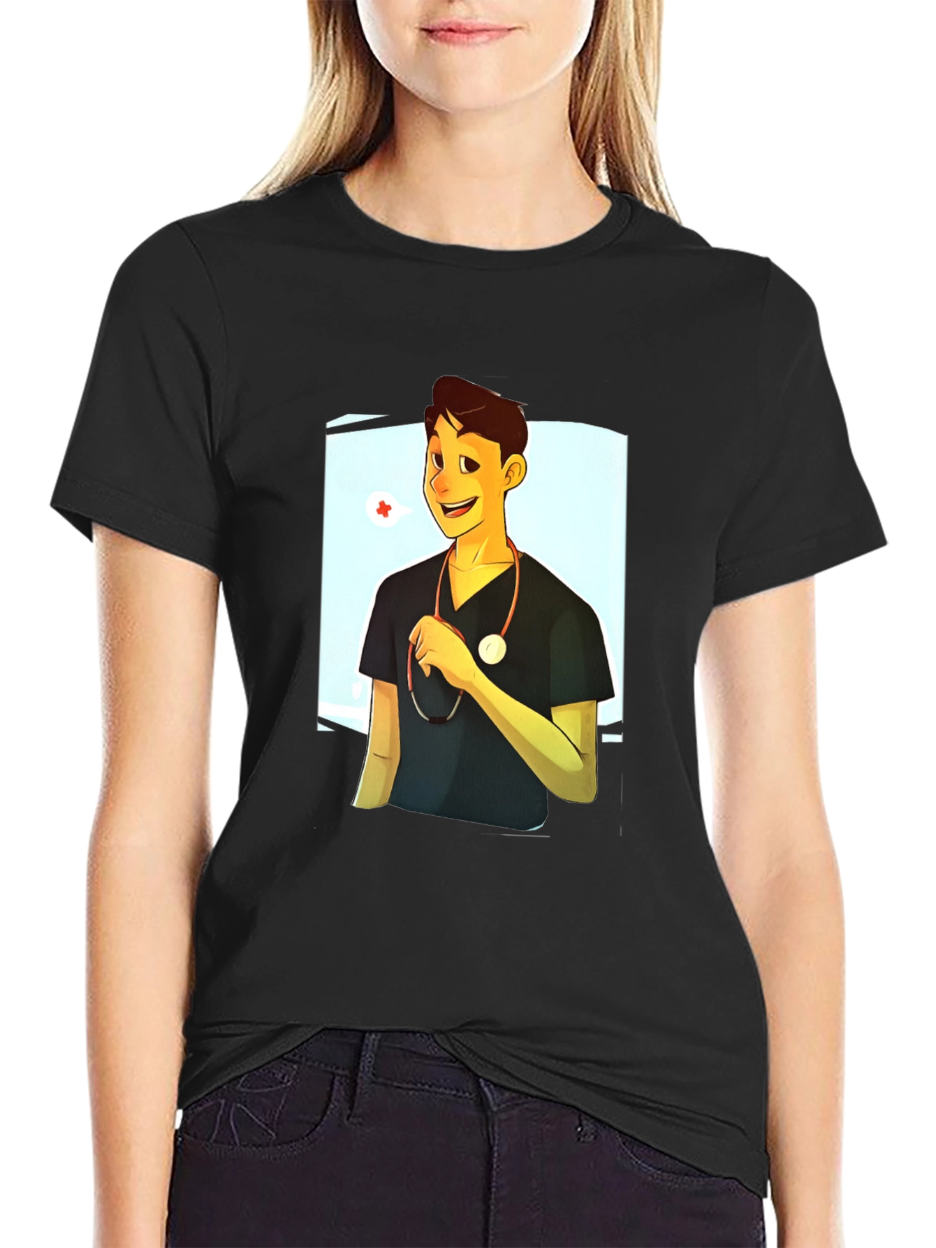 Black Cartoon Doctor Graphic Black T-Shirt view 2