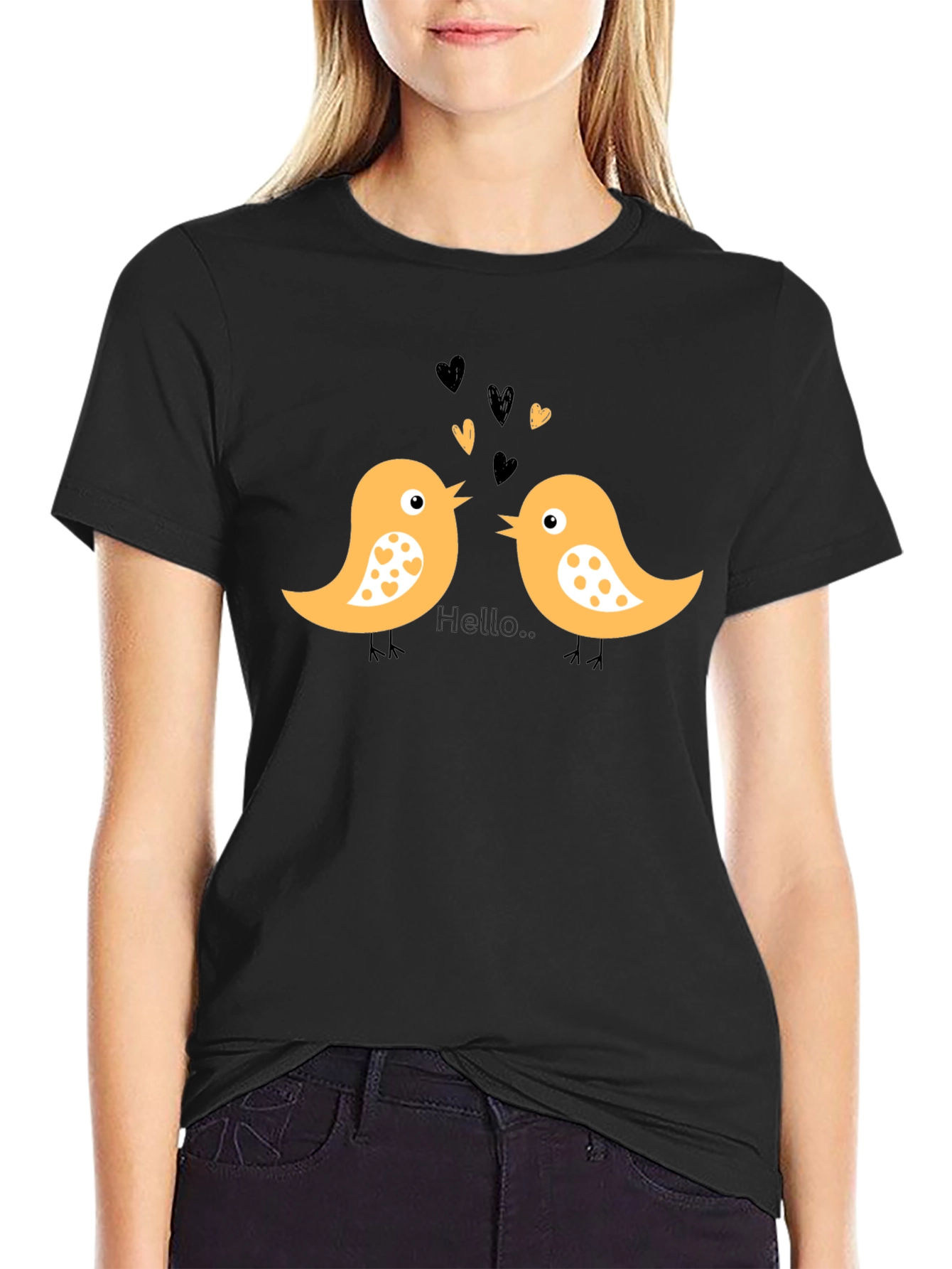 Black Cute Bird Love T-Shirt - Black Cotton Tee view 2