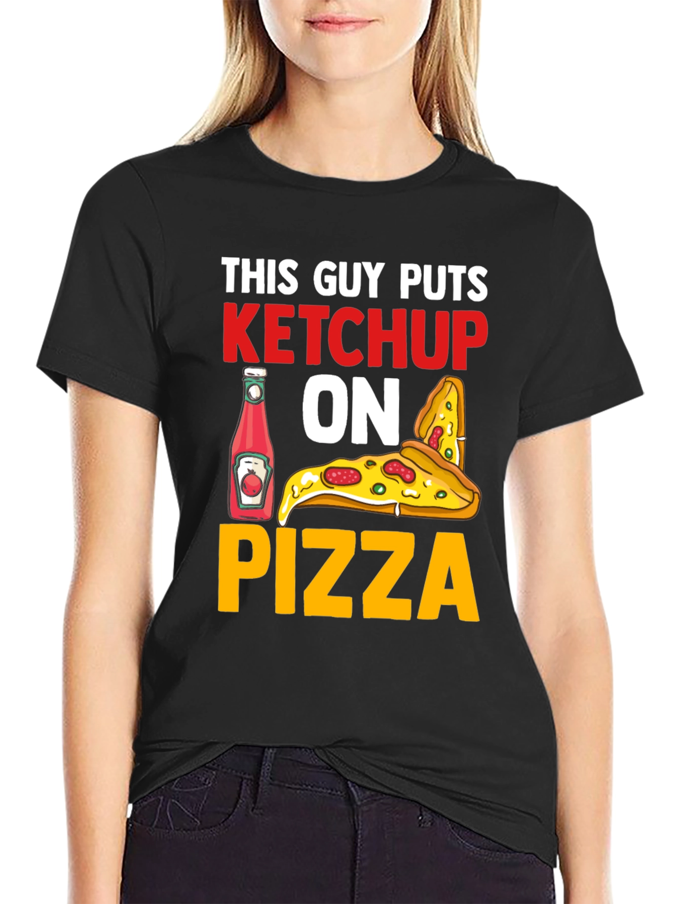 Black Ketchup on Pizza Graphic T-Shirt - Funny Foodie Tee view 2