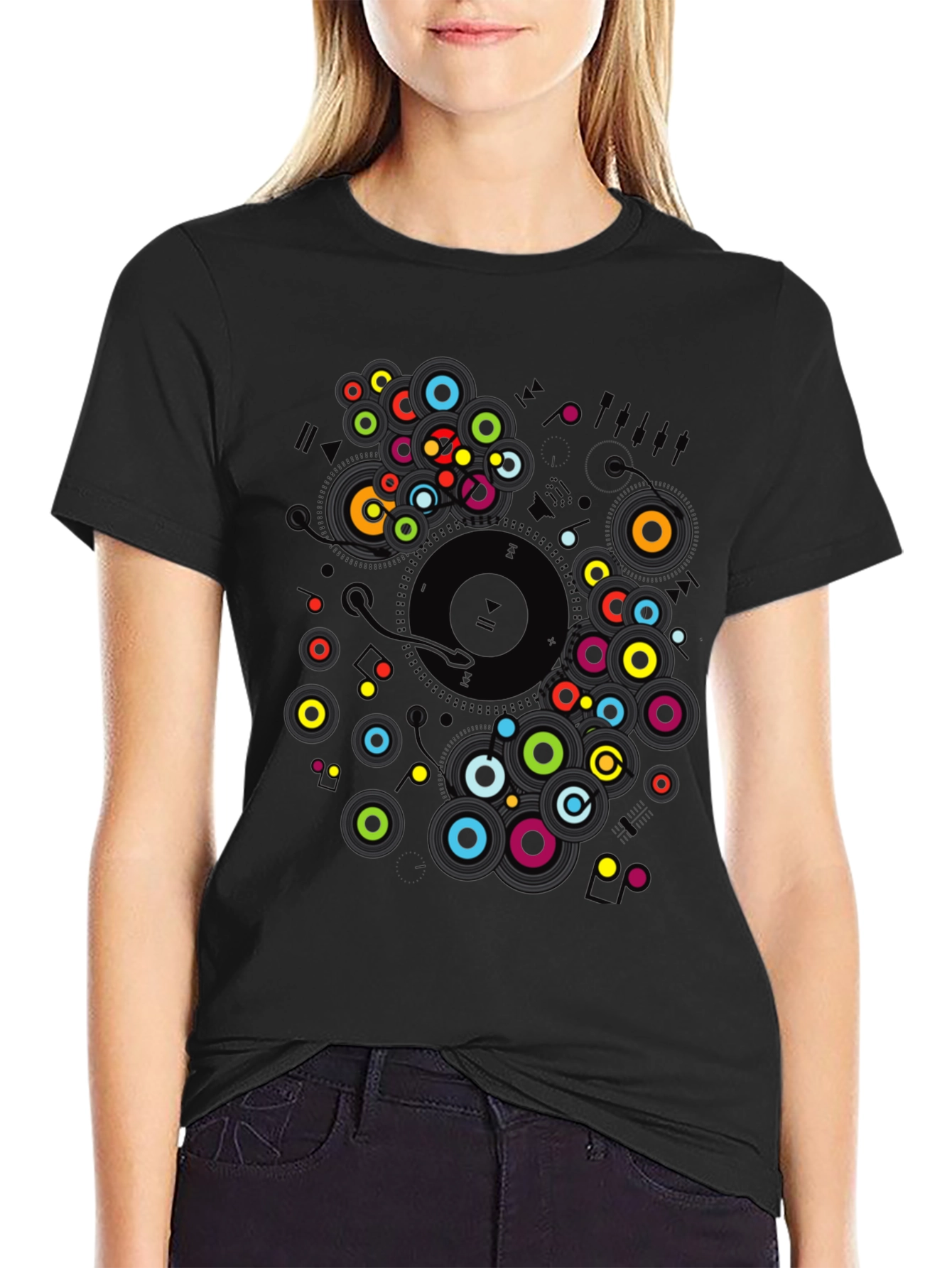 Black Retro Vinyl Record Graphic T-Shirt view 2
