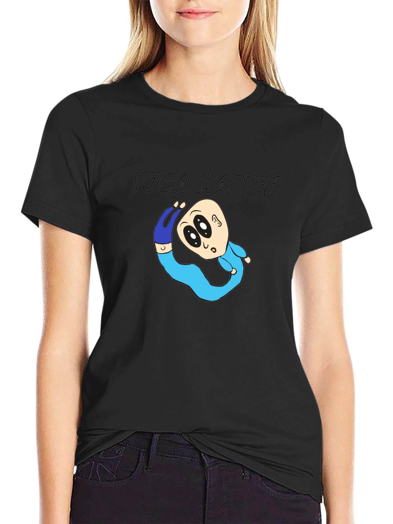 Black Yoga Master Cartoon Black T-Shirt view 2