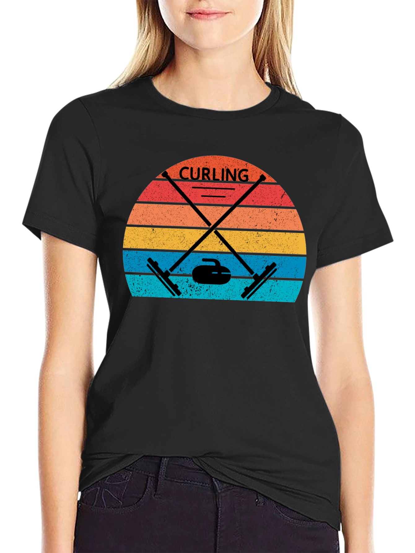 Black Retro Curling T-Shirt - Vintage Sunset Design view 2