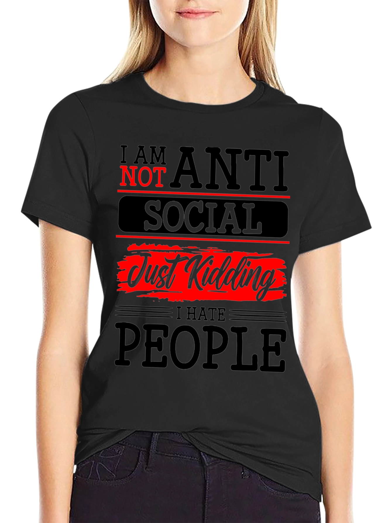 Black Anti-Social Just Kidding Graphic T-Shirt view 2