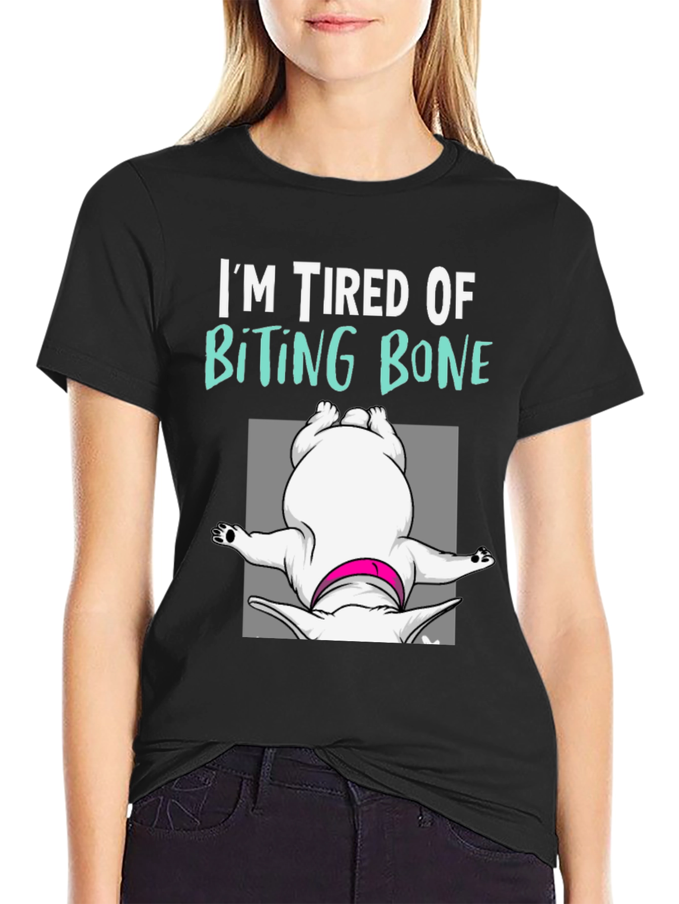 Black Tired of Biting Bone T-Shirt Funny Dog Graphic Tee view 2