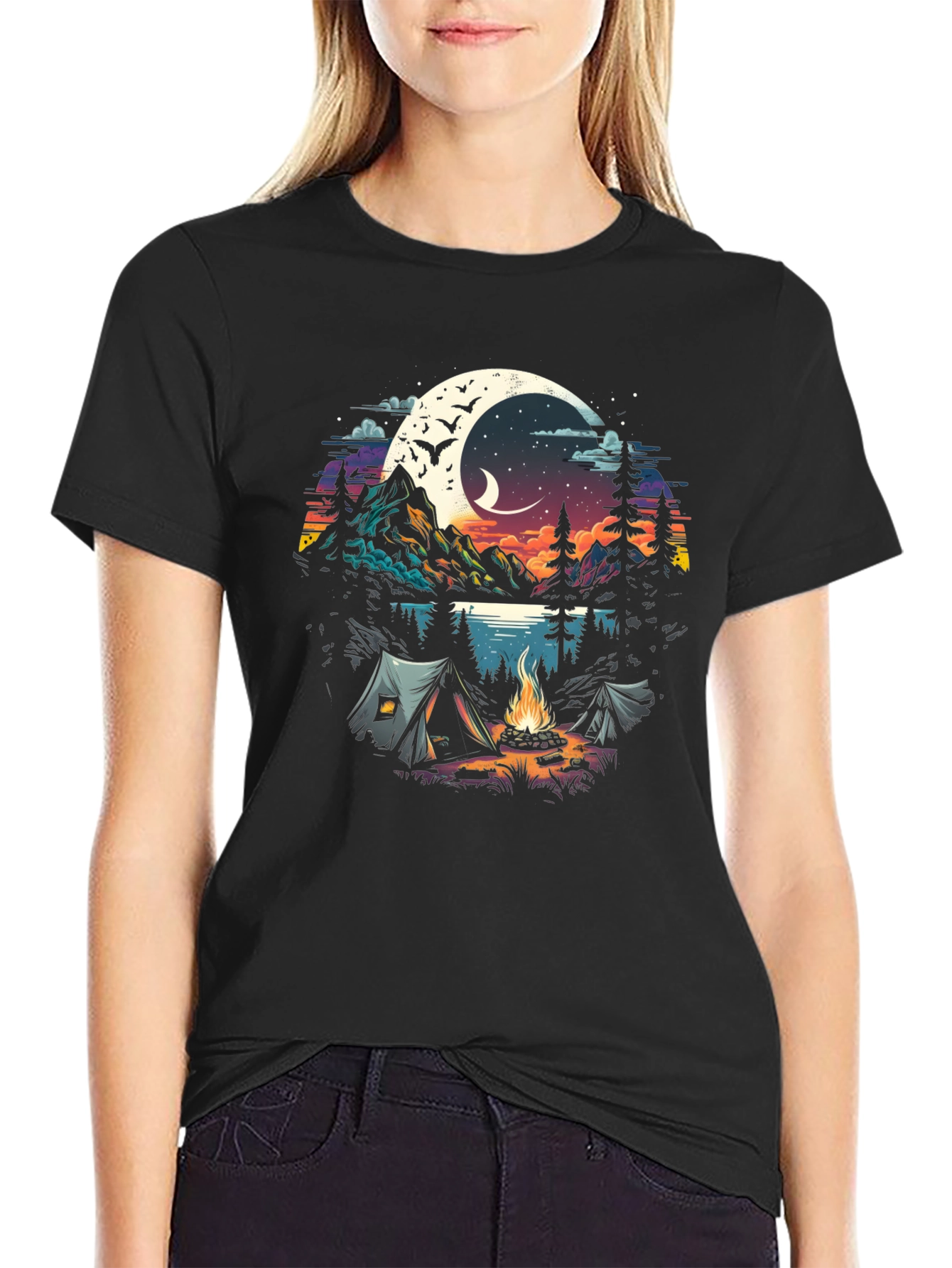 Black Camping Under the Moon Graphic Tee view 2