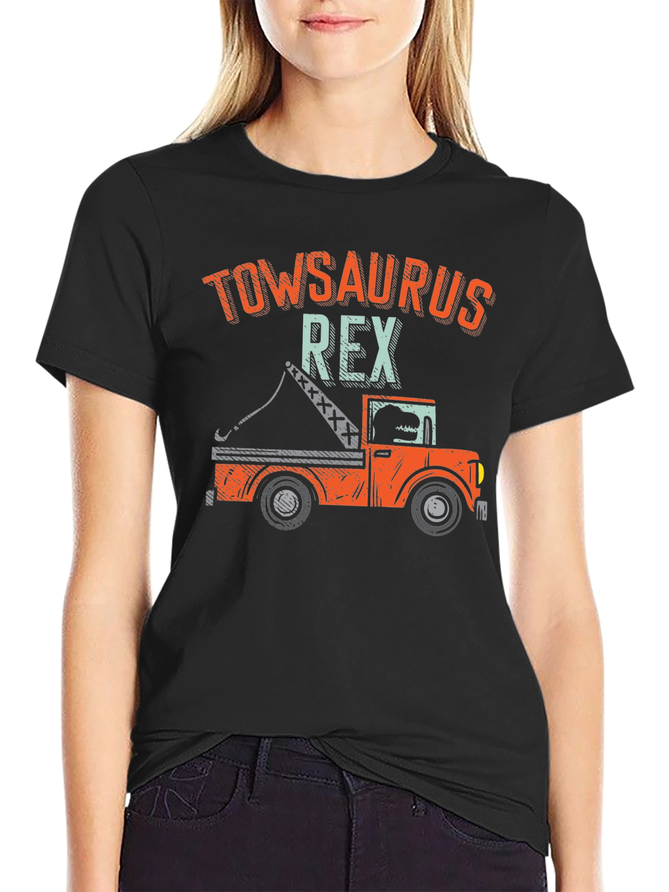 Black TowSaurus Rex T-Shirt - Funny Tow Truck Dinosaur Tee view 2
