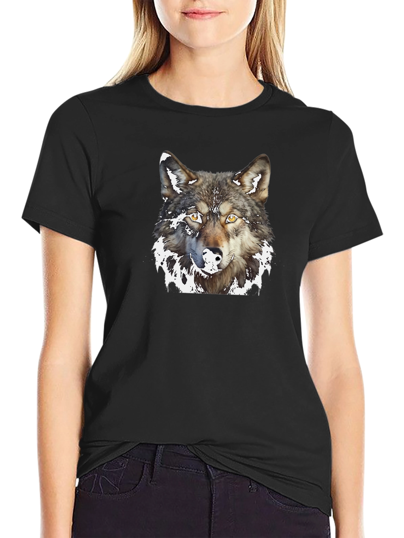 Black Wolf Graphic Print Black T-Shirt view 2
