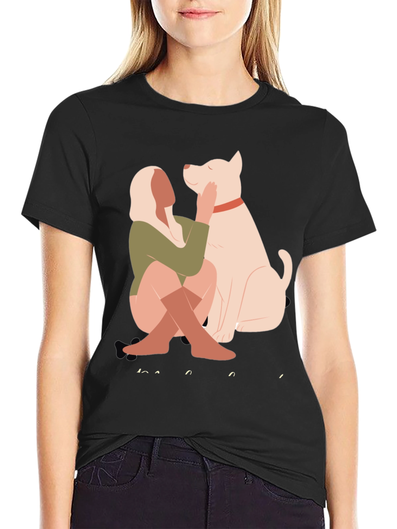Black Stylish Graphic Tee - Dog & Woman view 2