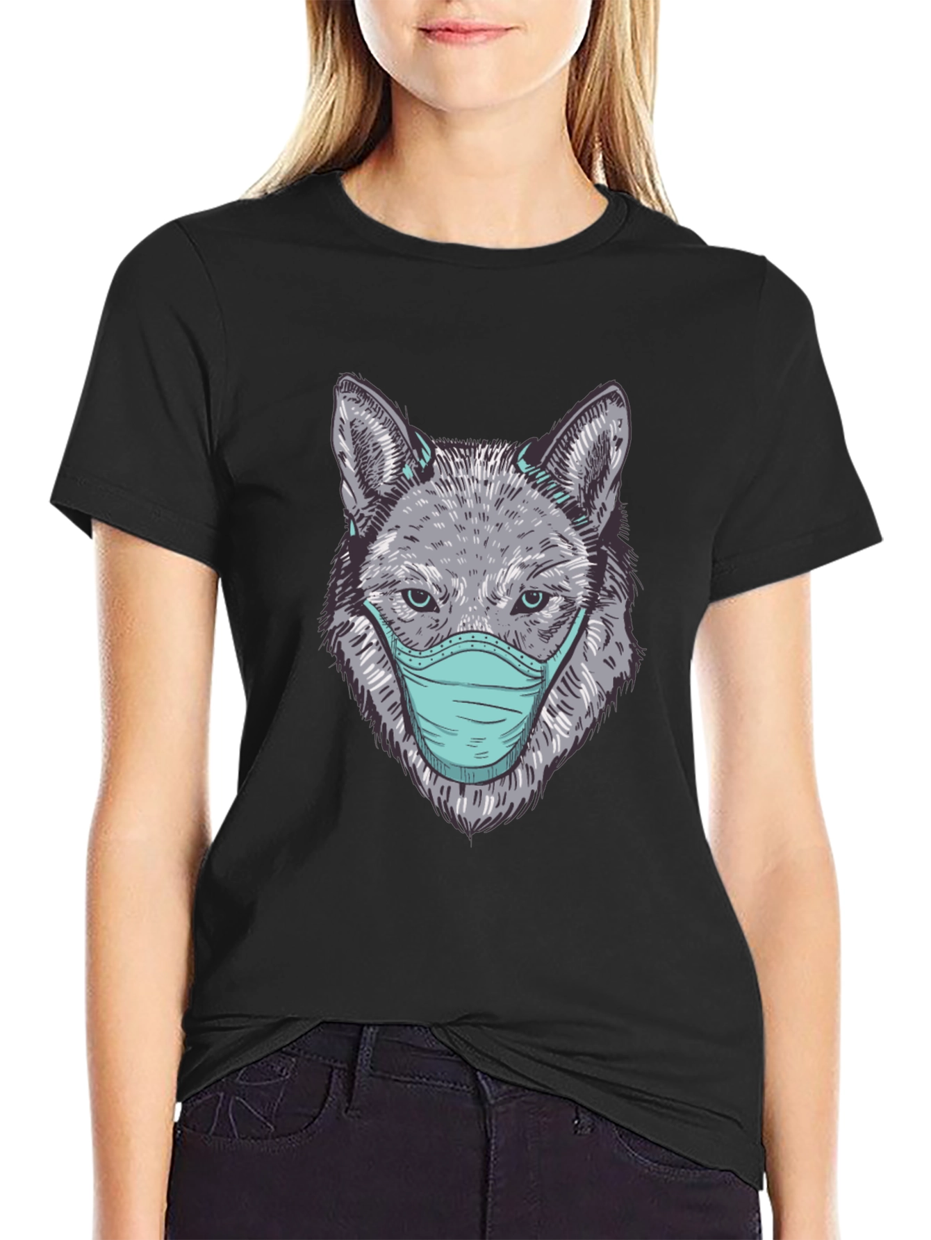 Black Wolf Face Mask Graphic Tee - Protect Yourself in Style view 2