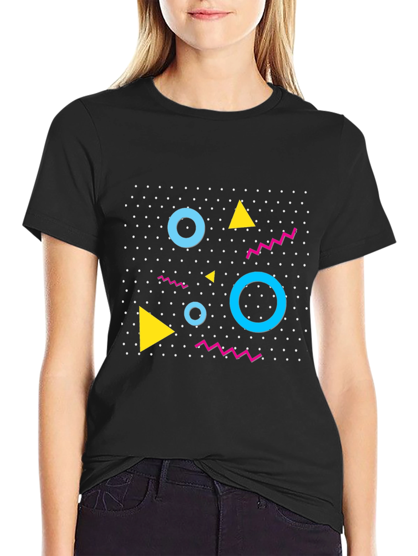 Black Retro Geometric Pattern Black T-Shirt view 2