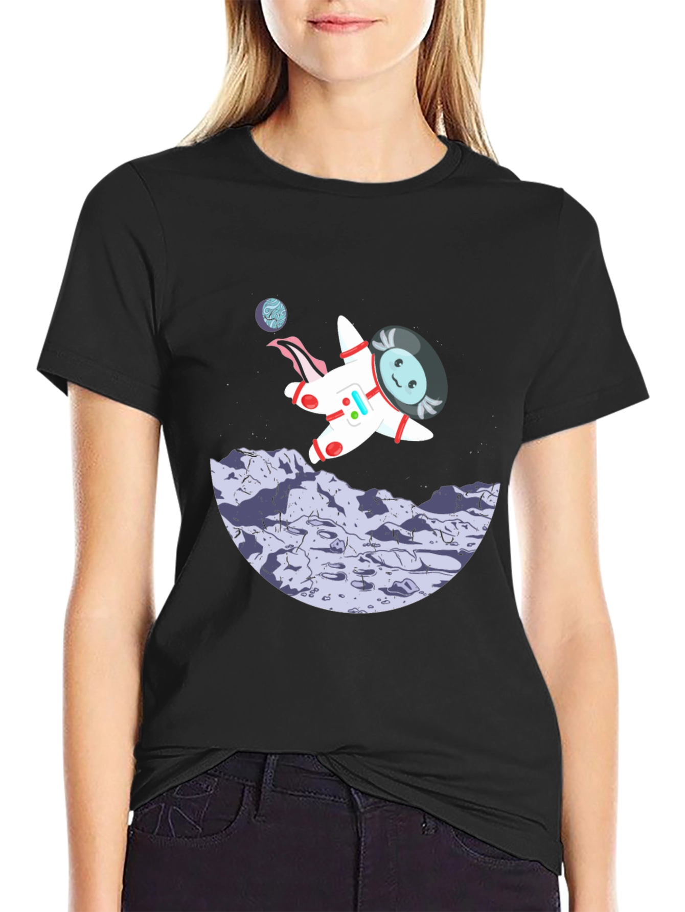 Black Astronaut Cartoon Graphic Black T-Shirt view 2