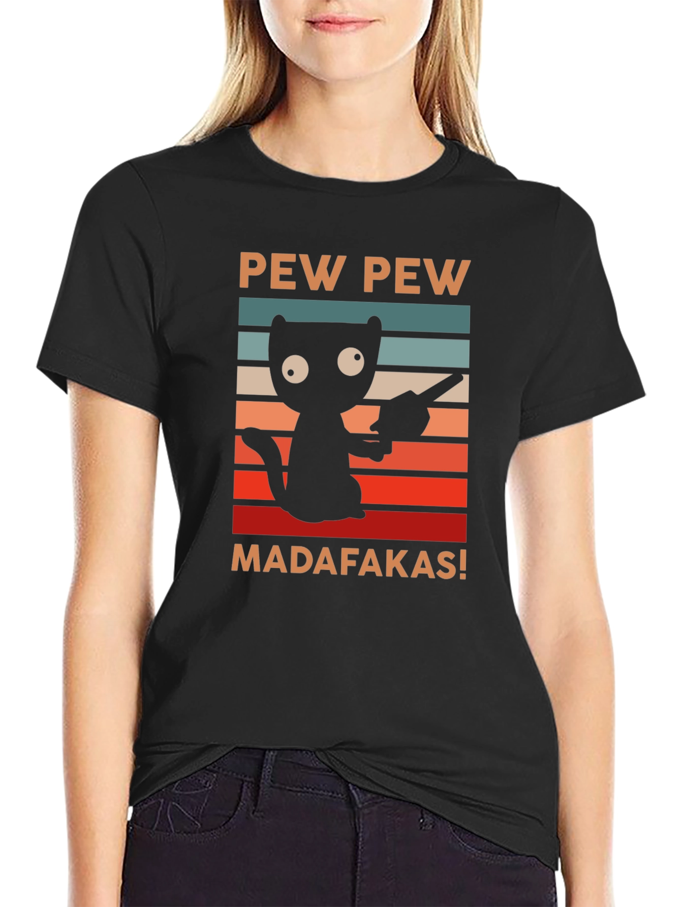 Black Pew Pew Madafakas Cat T-Shirt view 2