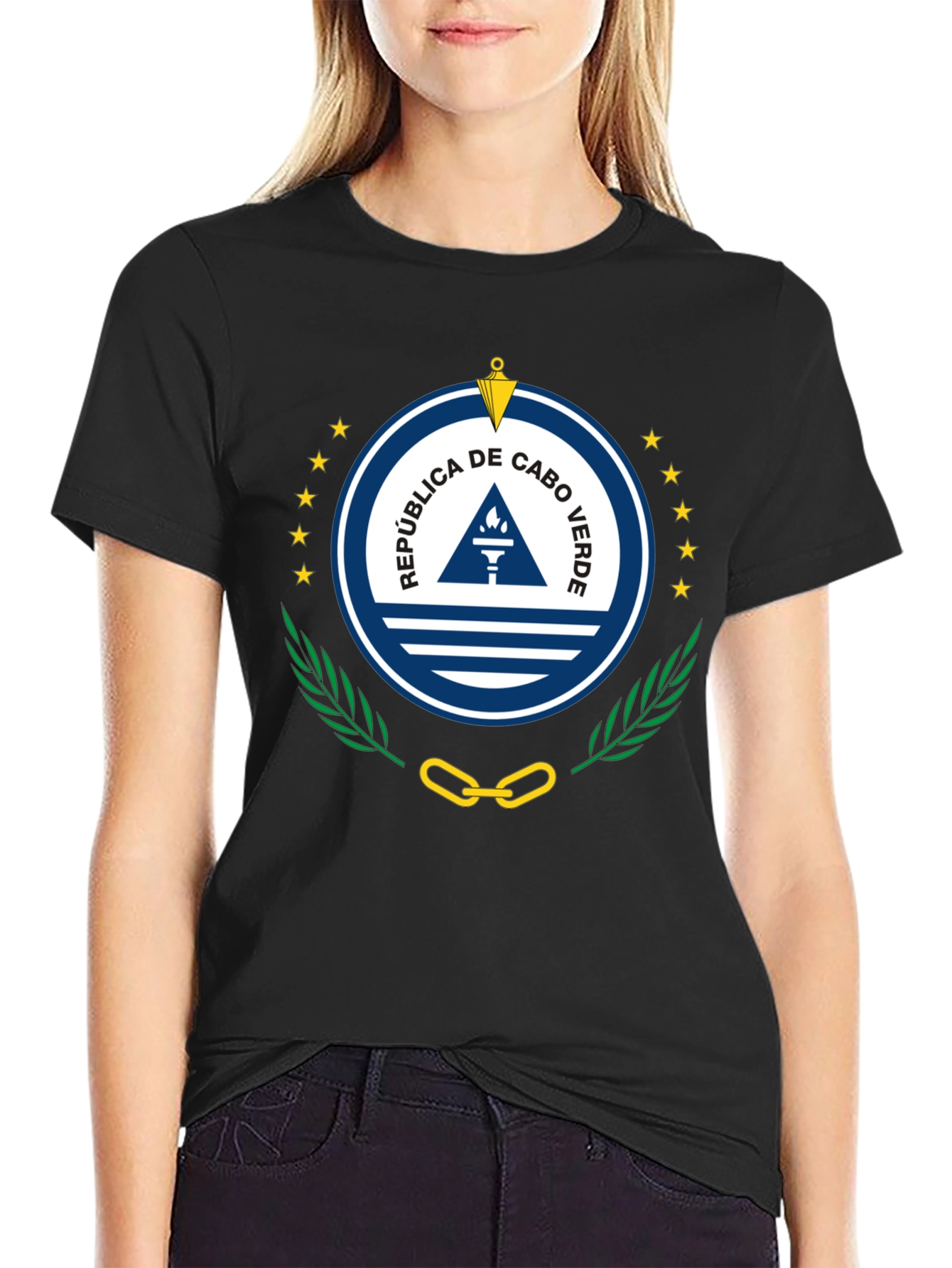 Cape Verde Flag Emblem T-Shirt - Black Crew Neck Tee - 2