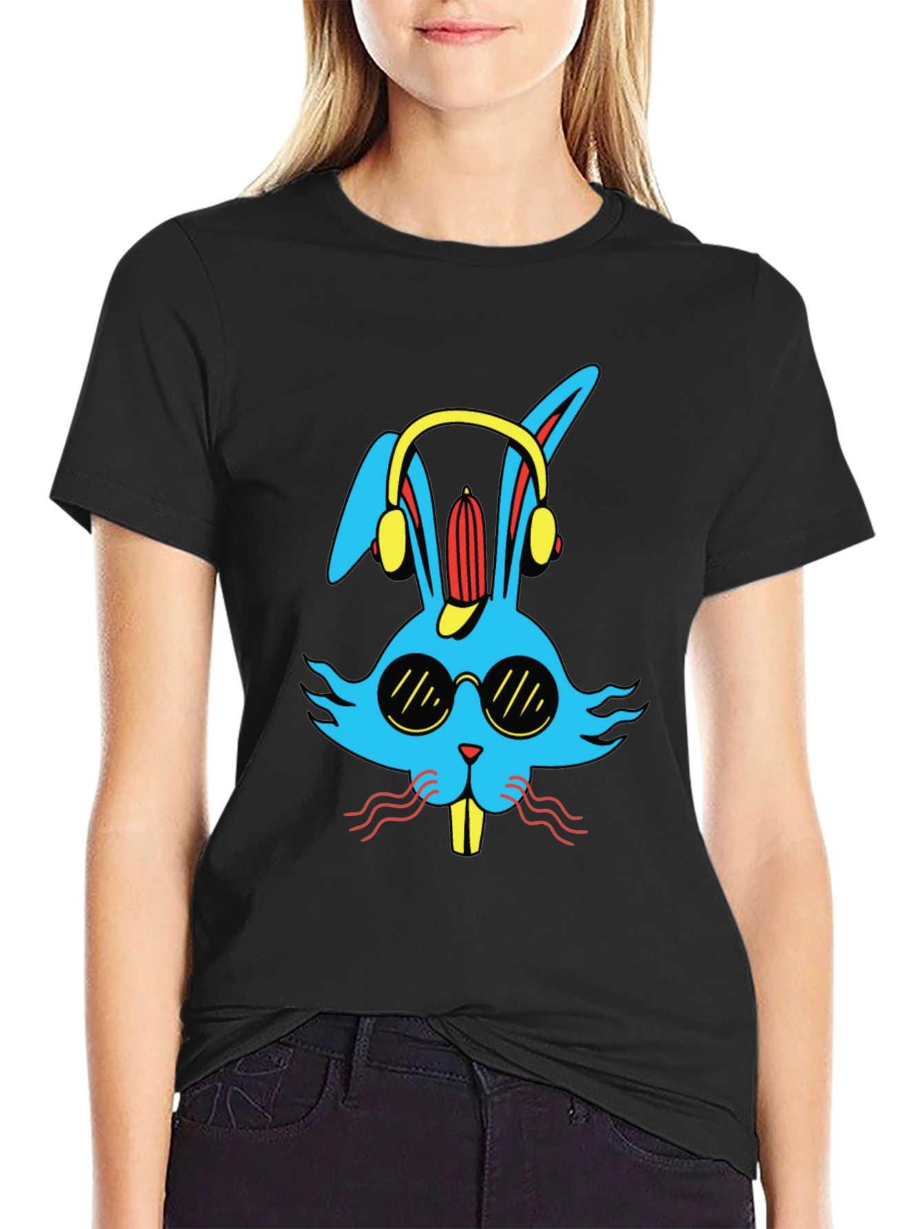 Black Cool Bunny Graphic Tee - Black Cotton Blend view 2