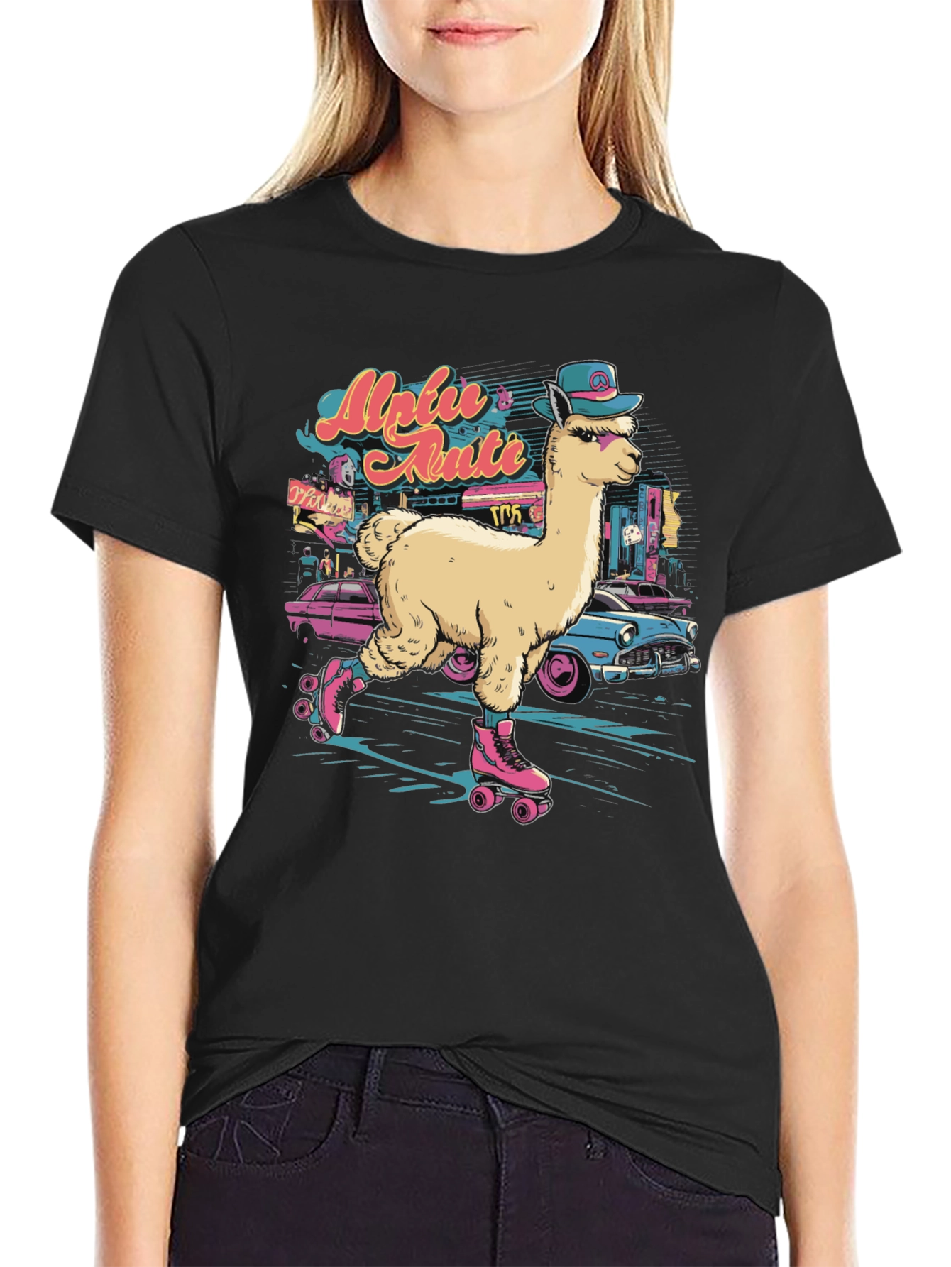 Black Retro Roller Skating Alpaca T-Shirt view 2