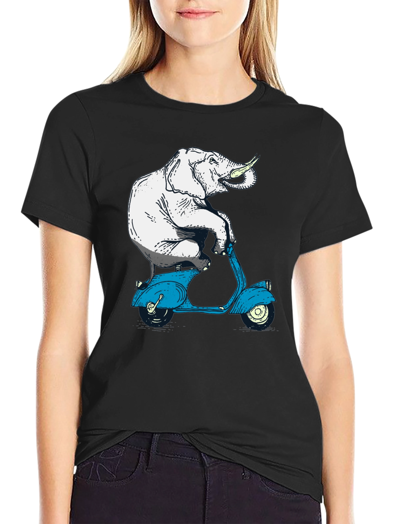 Black Elephant on Scooter Graphic Tee - Novelty Print T-Shirt view 2