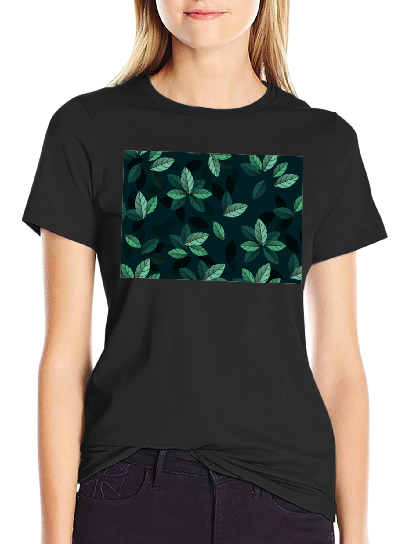 Black Leaf Pattern Crew Neck T-Shirt view 2