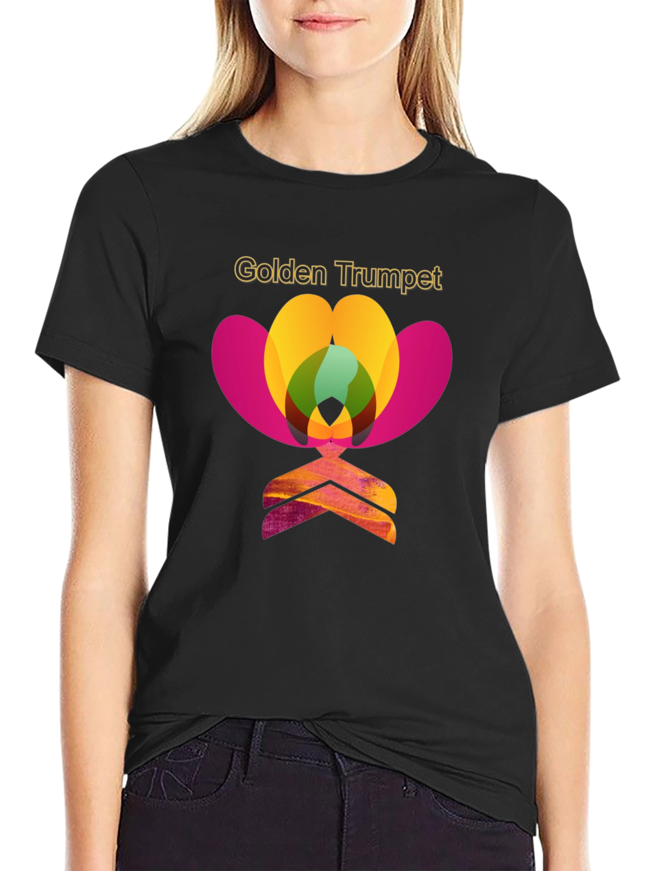 Black Golden Trumpet Graphic Print T-Shirt view 2
