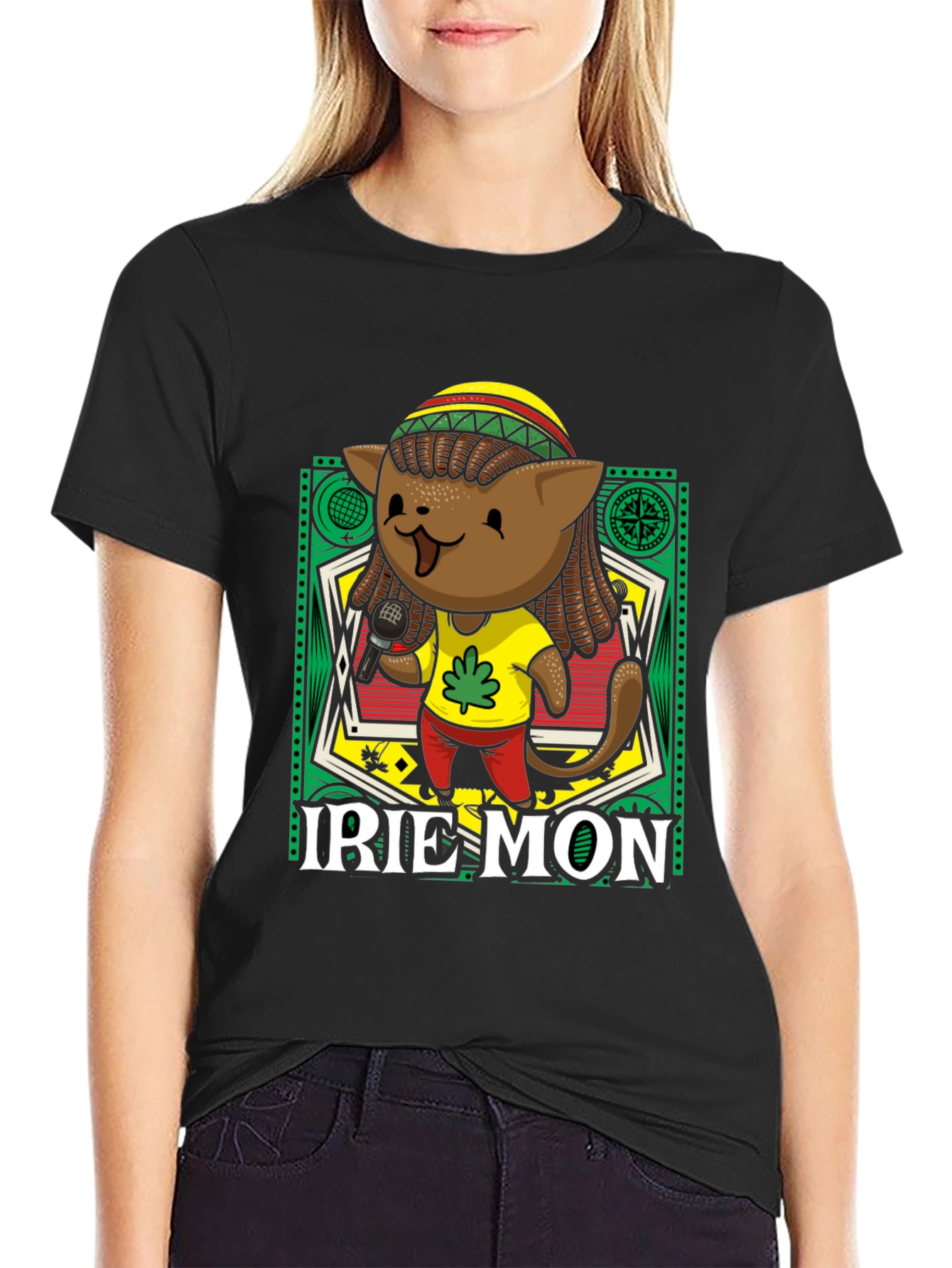 Black Irie Mon Jamaican Cat Graphic T-Shirt view 2