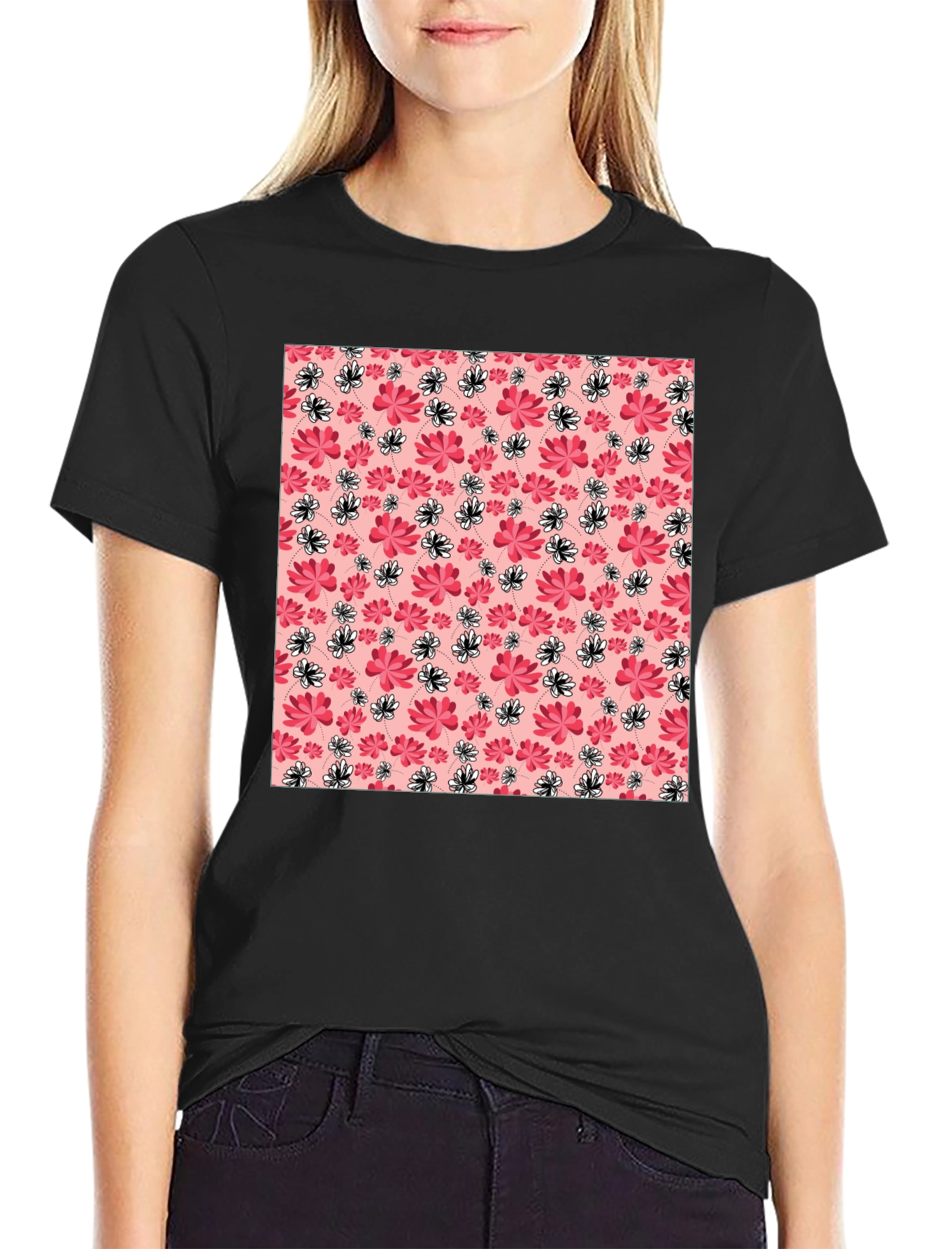 Black Floral Pattern Crew Neck T-Shirt view 2