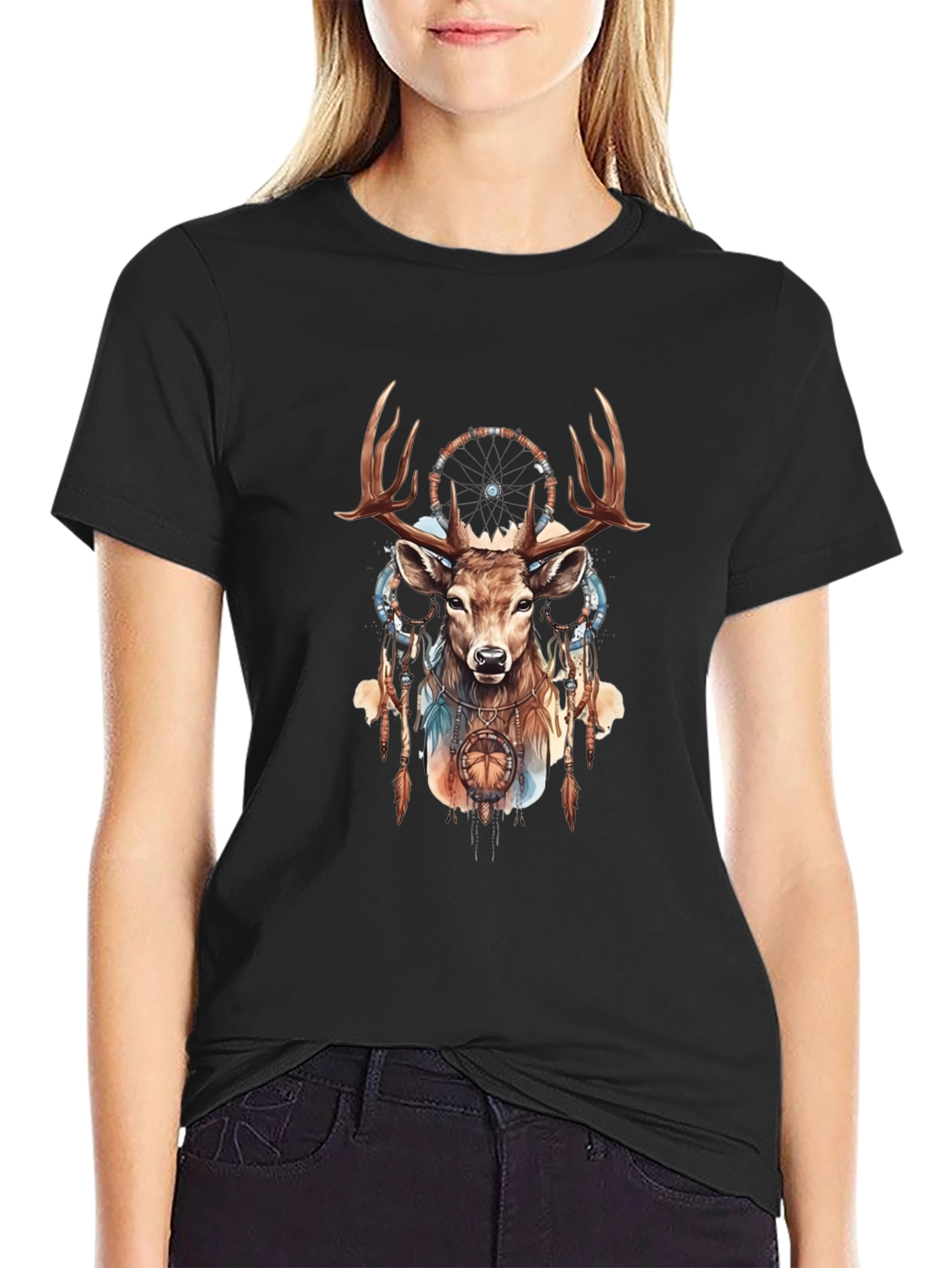 Black Deer Dreamcatcher Graphic Tee - Black Cotton Blend view 2