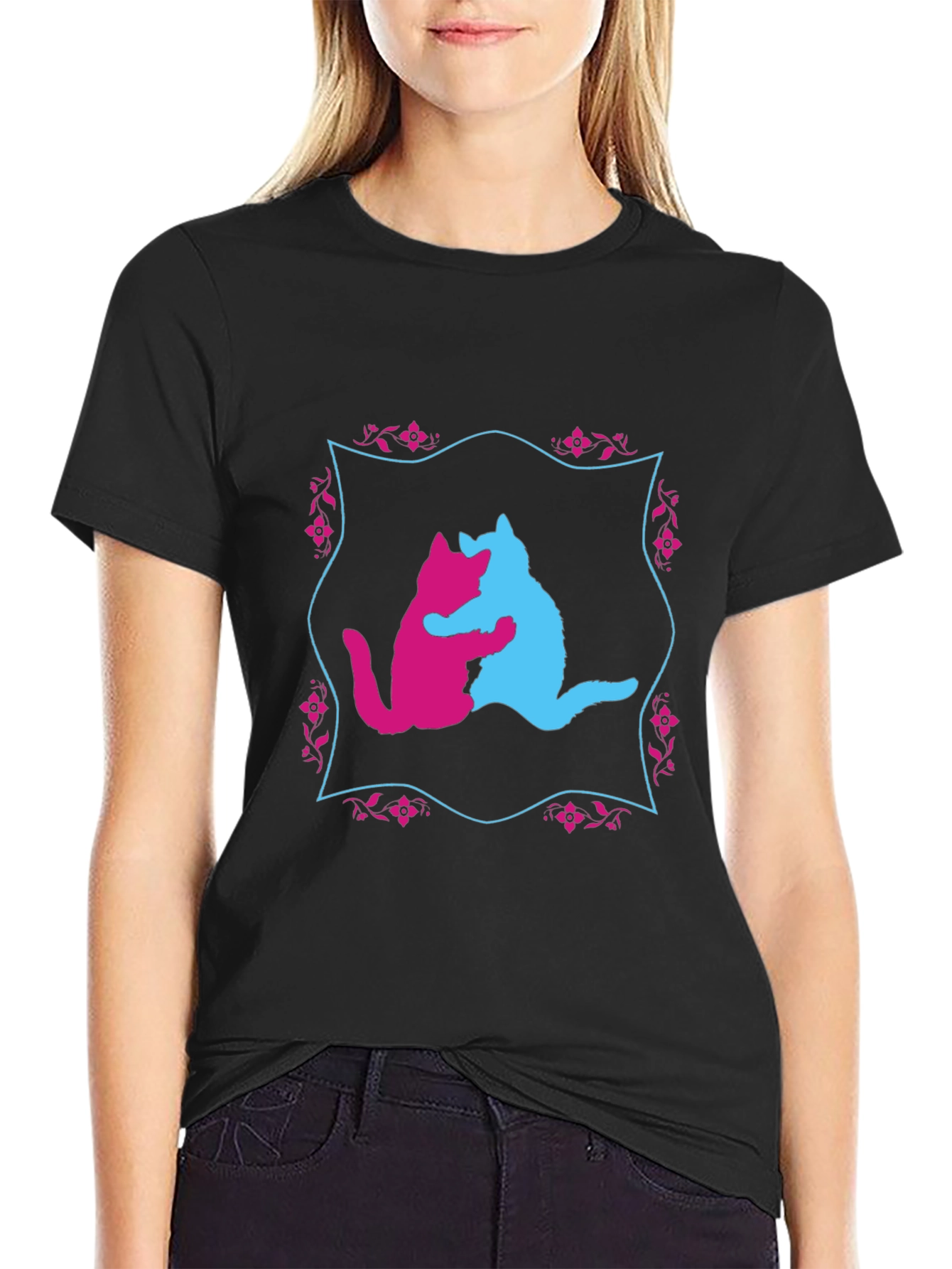Black Hugging Cats Graphic T-Shirt - Unique Design view 2