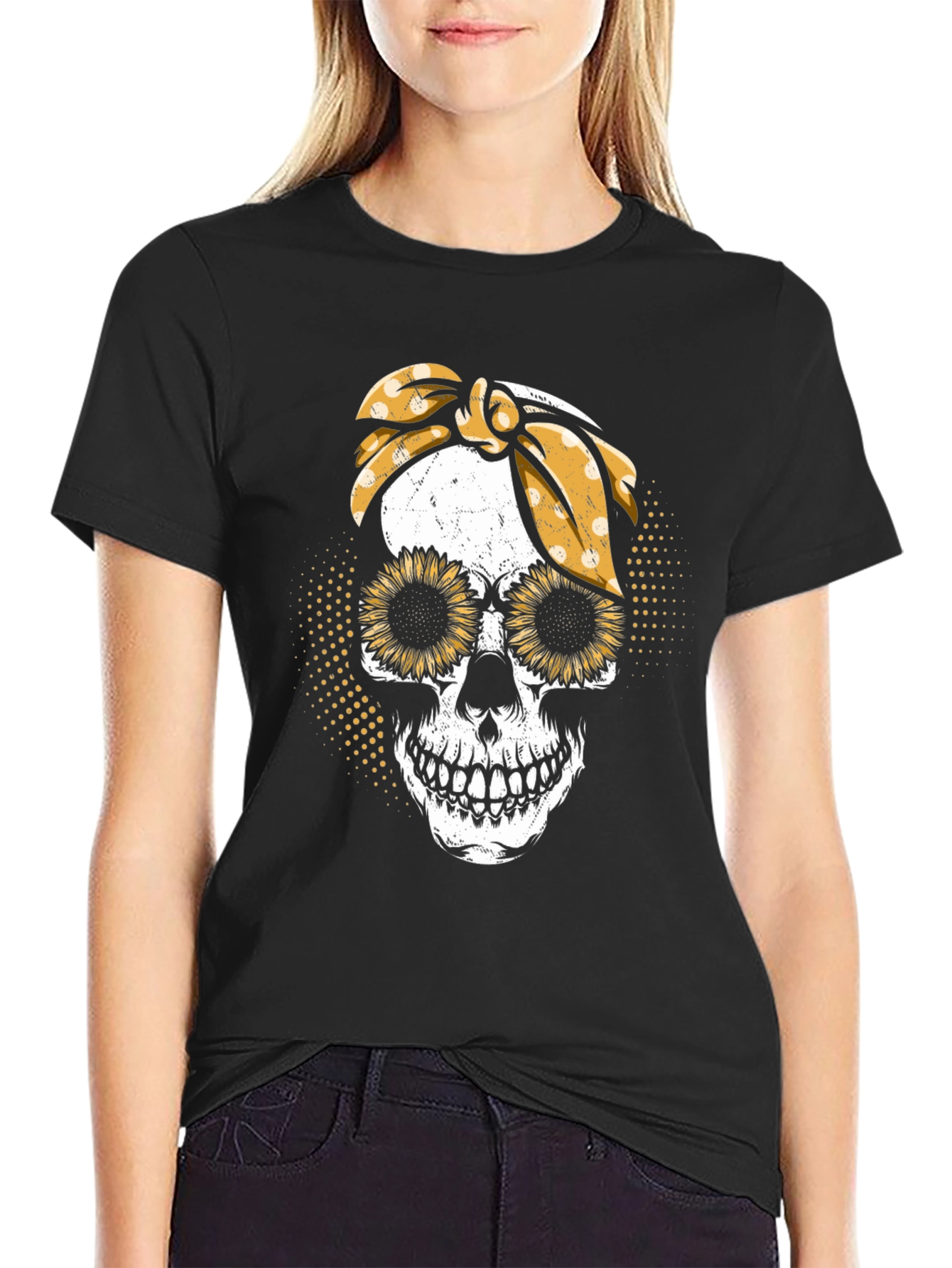 Black Sunflower Skull Graphic T-Shirt view 2