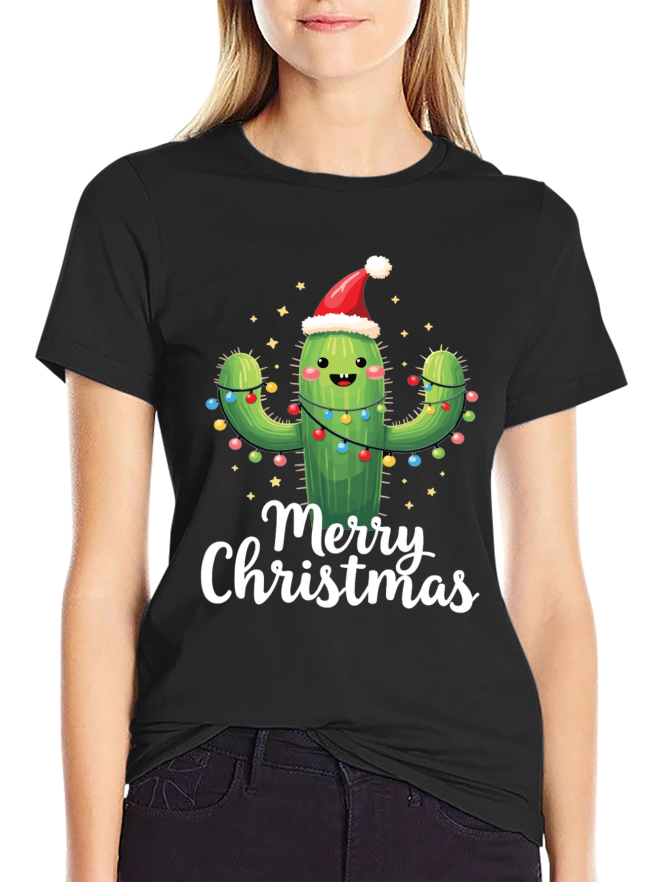 Black Merry Christmas Cactus T-Shirt view 2