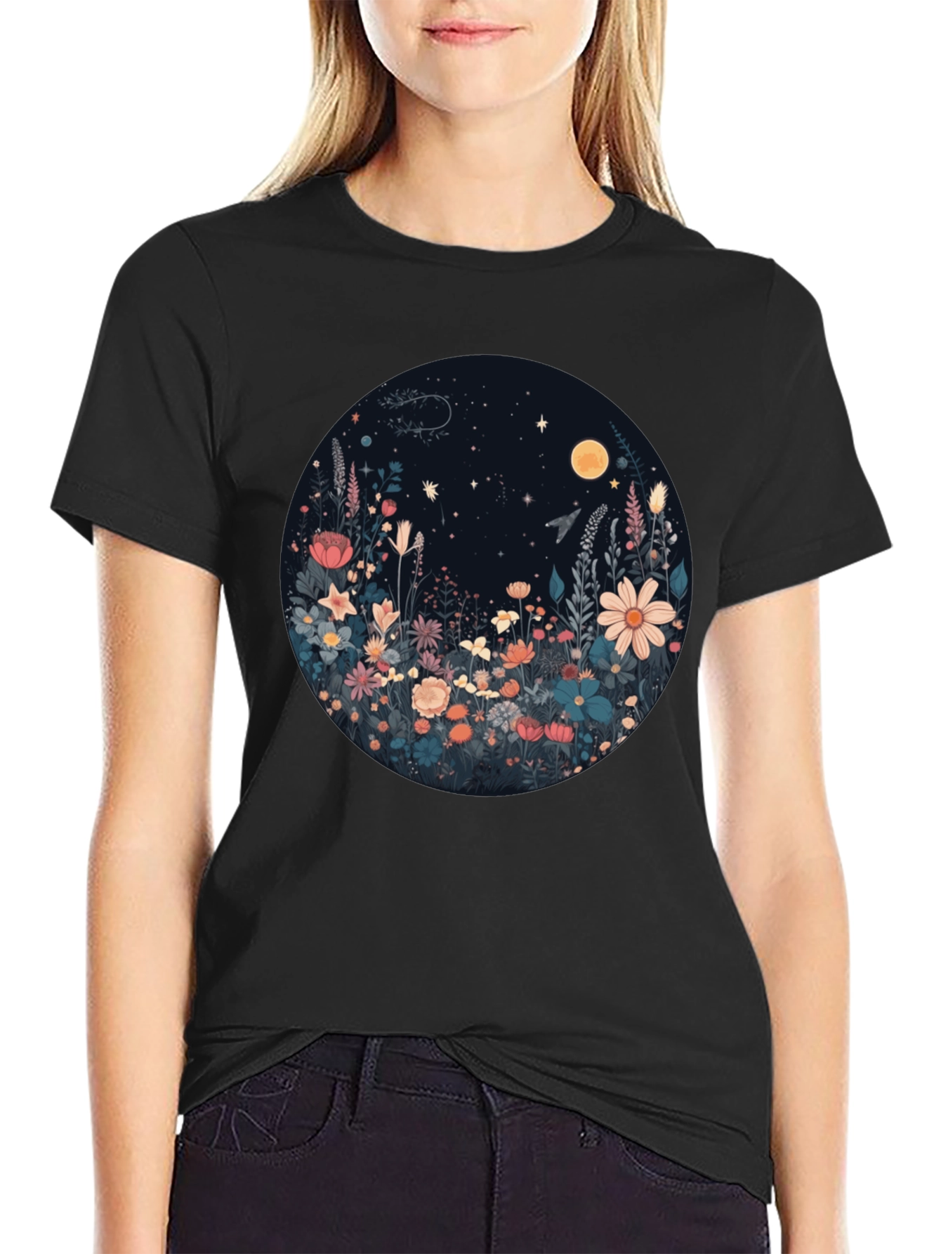 Black Floral Moon T-Shirt - Black Graphic Tee view 2