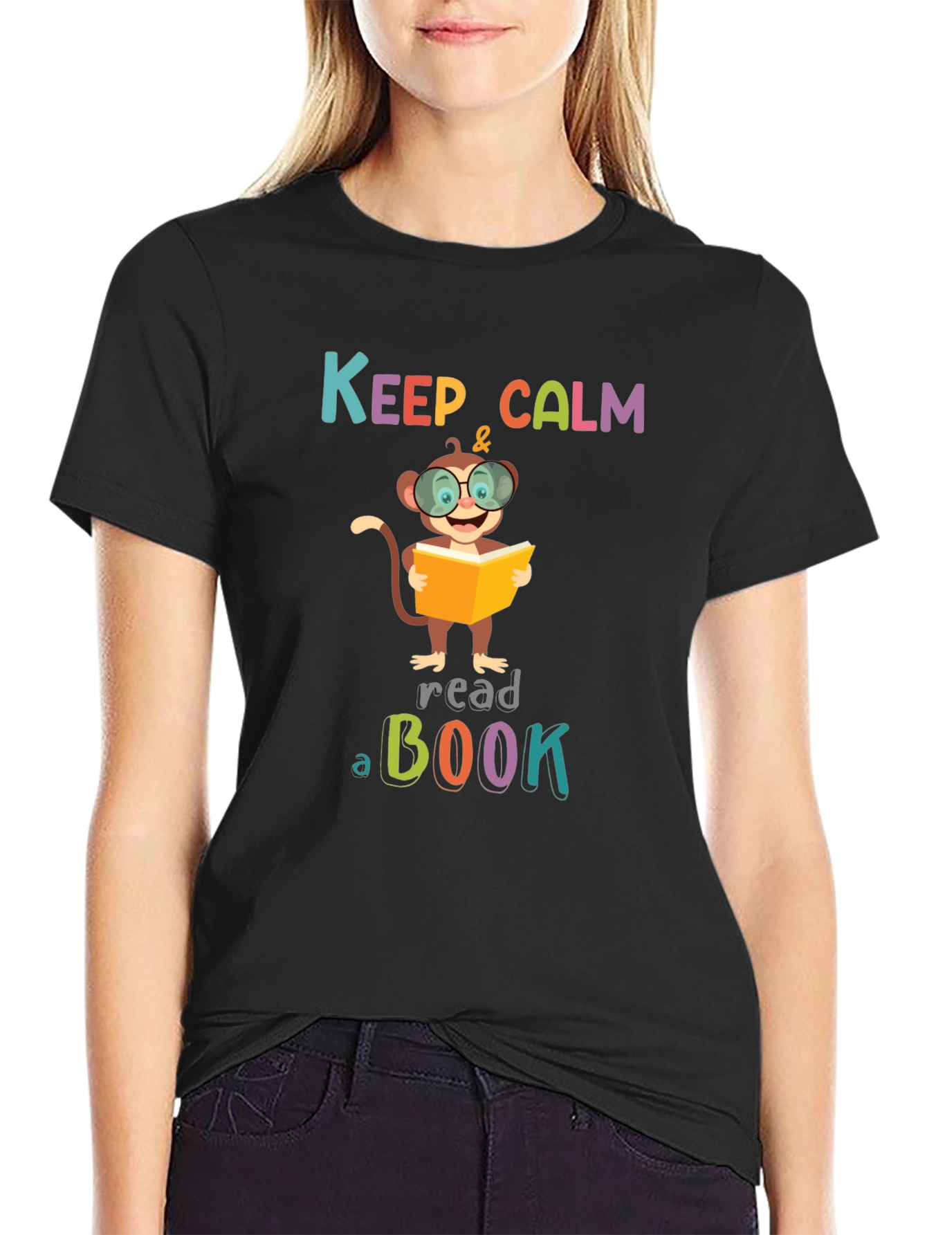 Black Keep Calm and Read a Book Monkey T-Shirt view 2