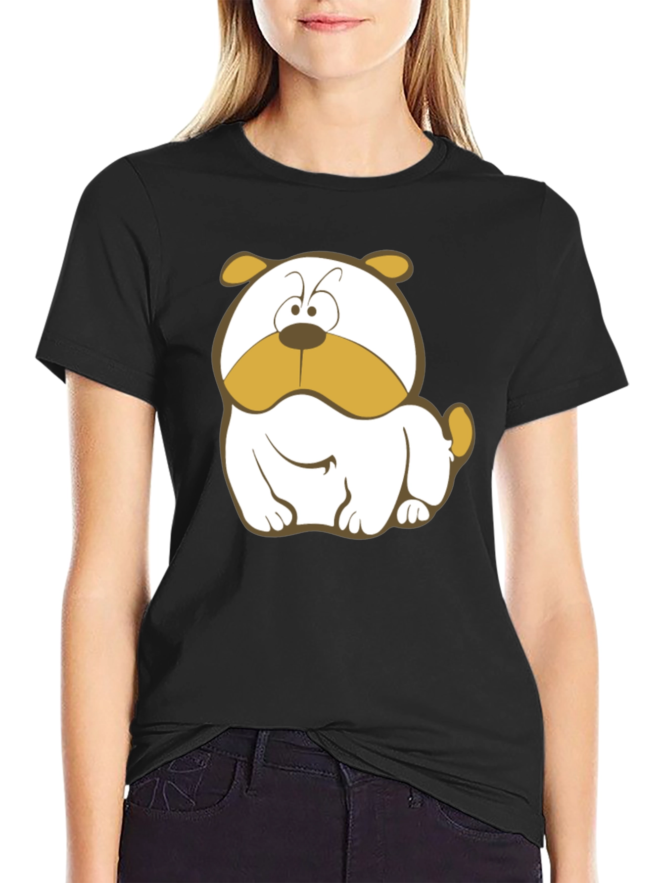 Black Cartoon Bulldog Graphic Tee - Black Cotton T-Shirt view 2