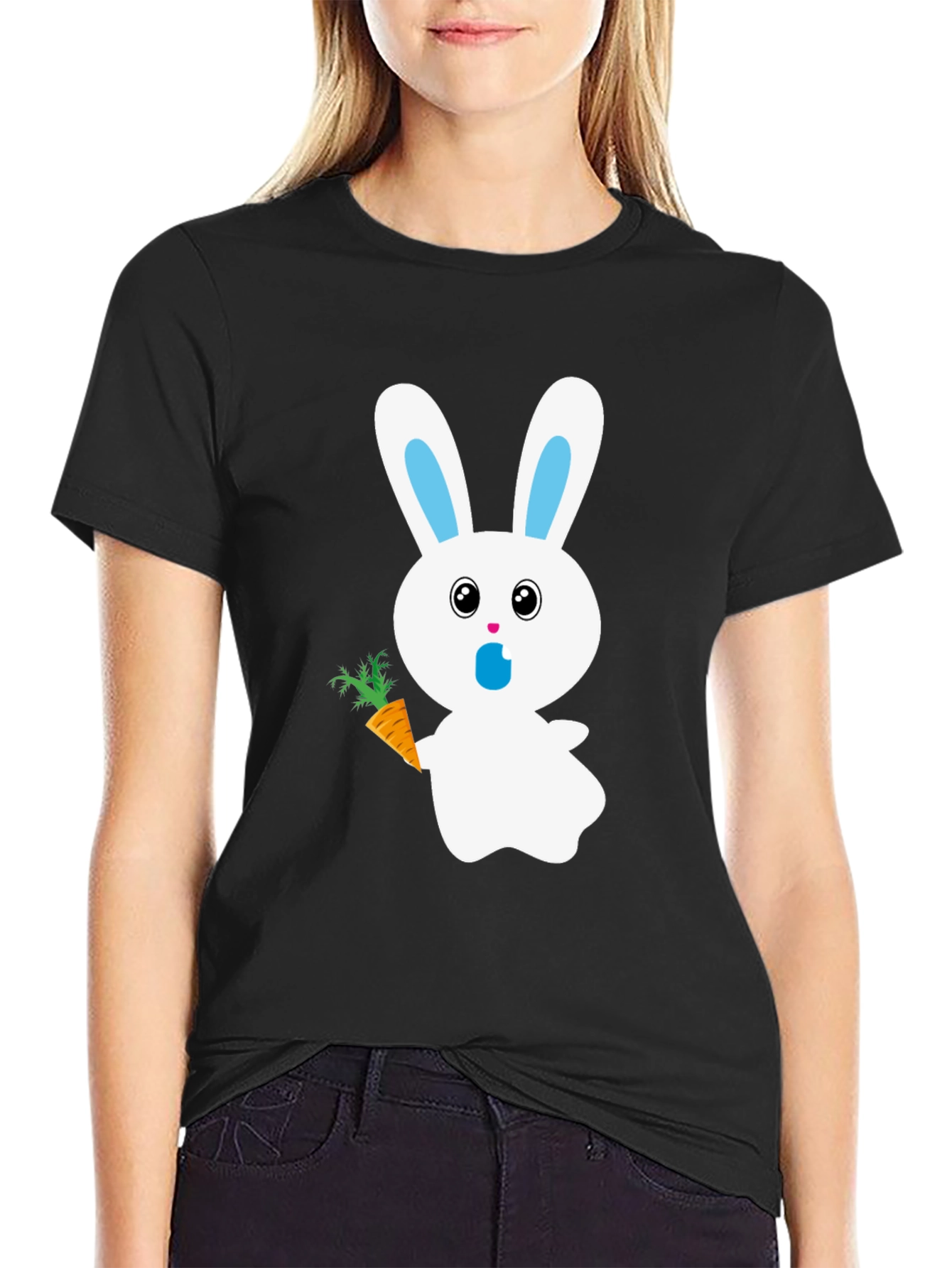 Bunny with Carrot Graphic Tee - Black Cotton T-Shirt - 2