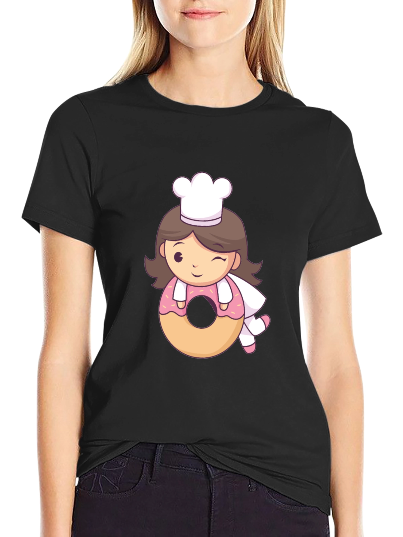 Black Chef Donut T-Shirt - Cute Cartoon Style! view 2