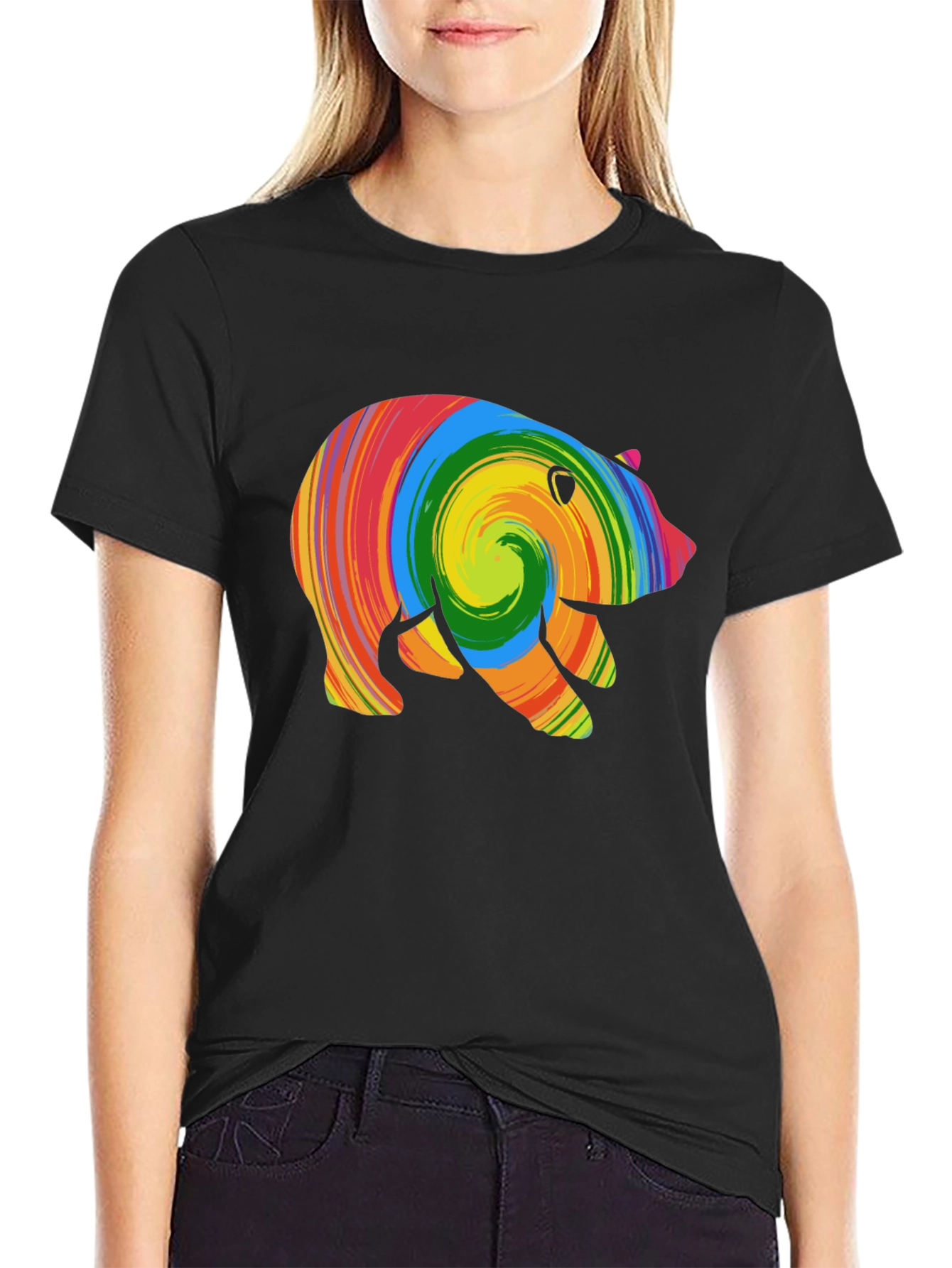 Black Colorful Swirl Bear Graphic T-Shirt view 2