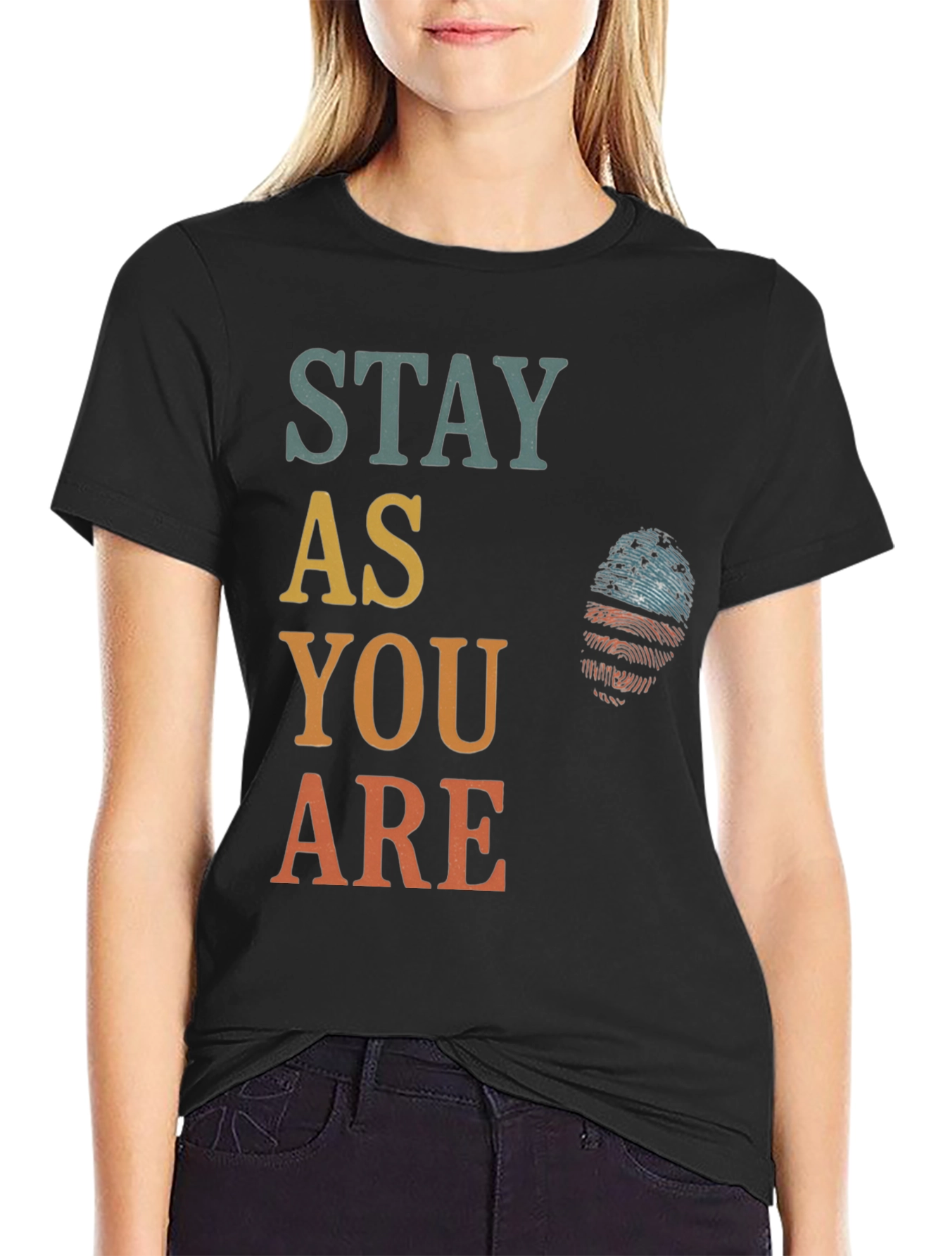 Black Stay As You Are Graphic Tee - Patriotic Fingerprint Design view 2