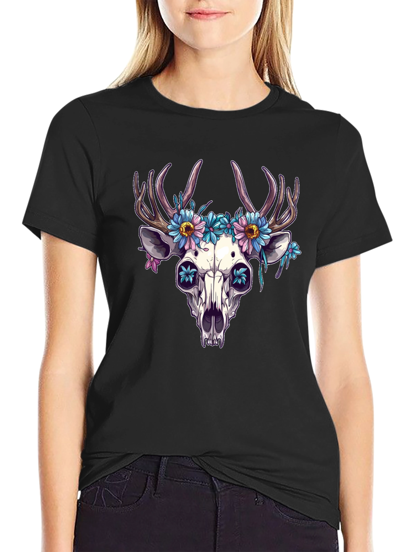 Black Floral Deer Skull Graphic Tee - Edgy Style view 2