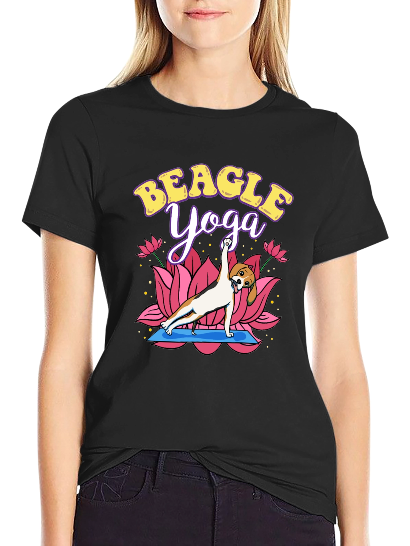 Black Beagle Yoga T-Shirt - Cute Dog Lotus Pose Tee view 2