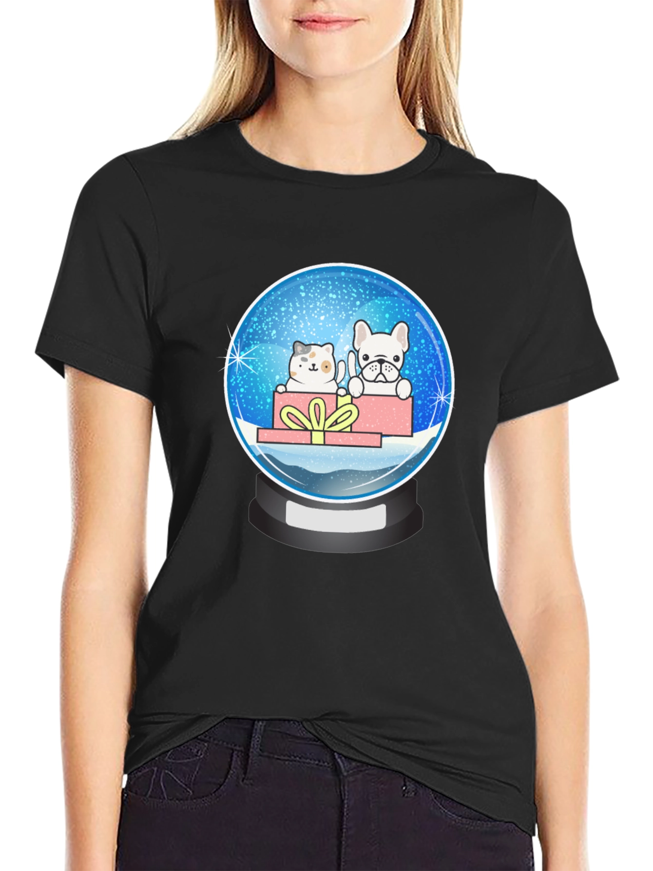 Black Snow Globe Cat & Dog Graphic Tee - Cute Christmas Gift view 2