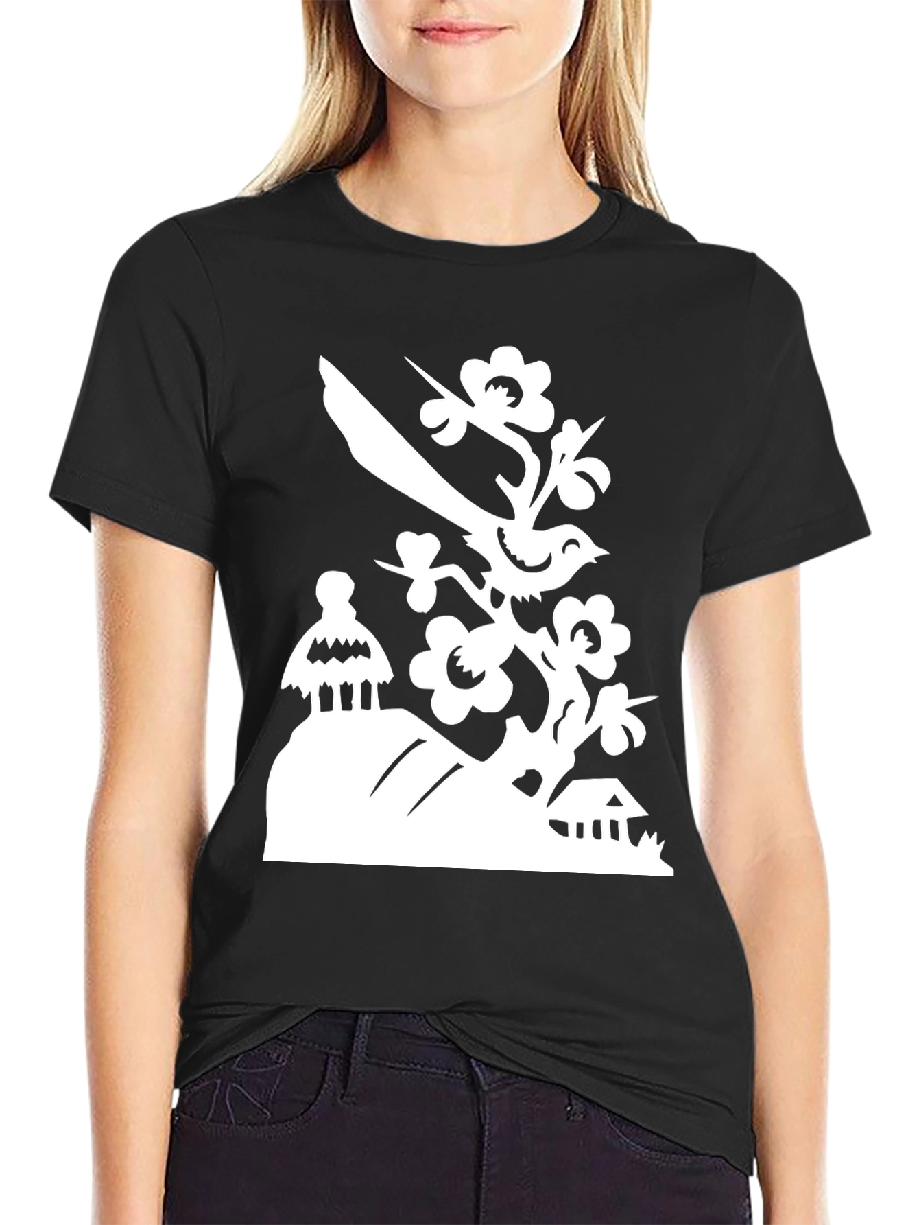 Black Bird on Branch T-Shirt - Black view 2