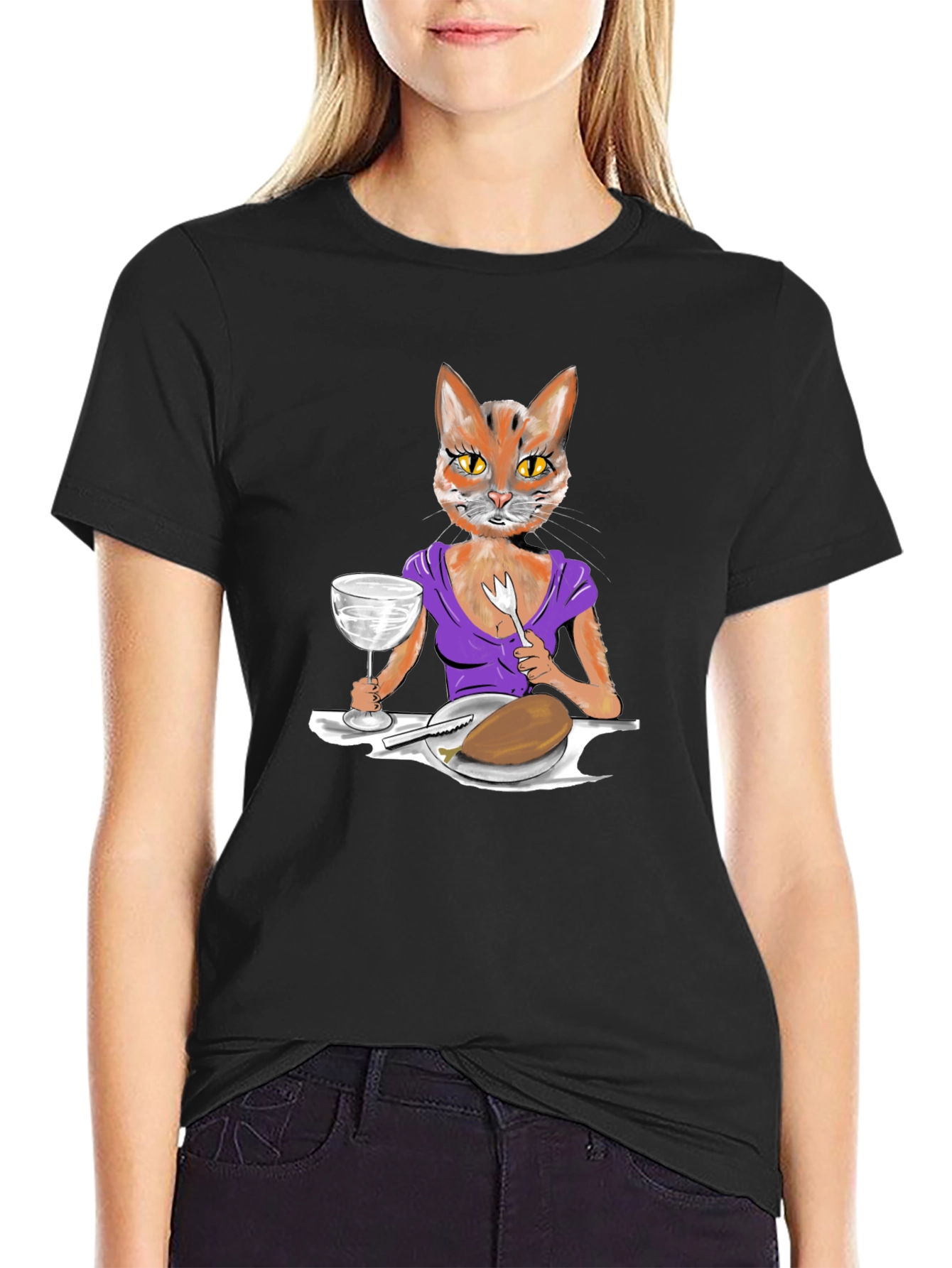 Black Cat Lady Dinner Graphic T-Shirt view 2