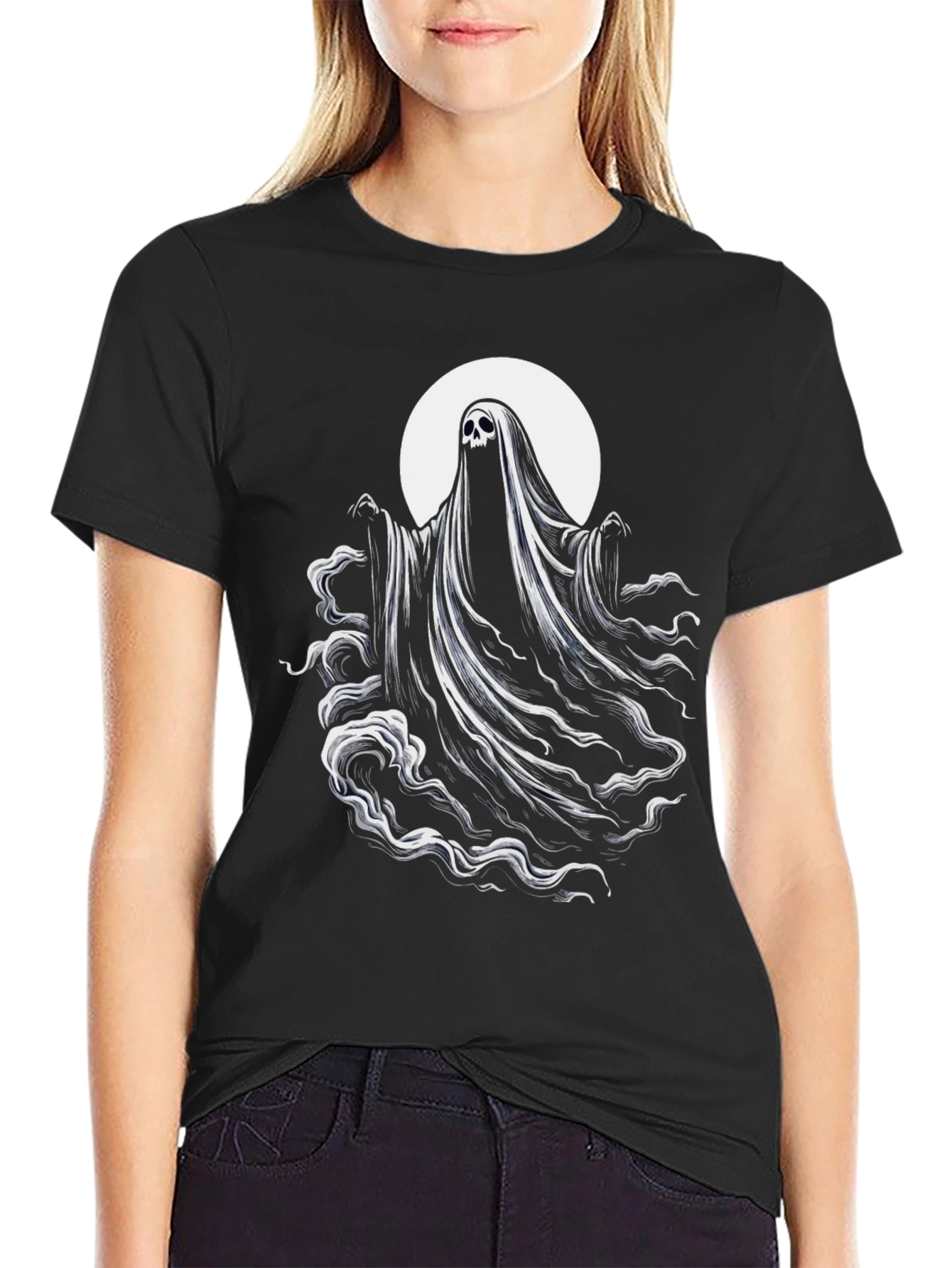 Black Spooky Ghost Graphic Tee - Black Cotton Blend Shirt view 2