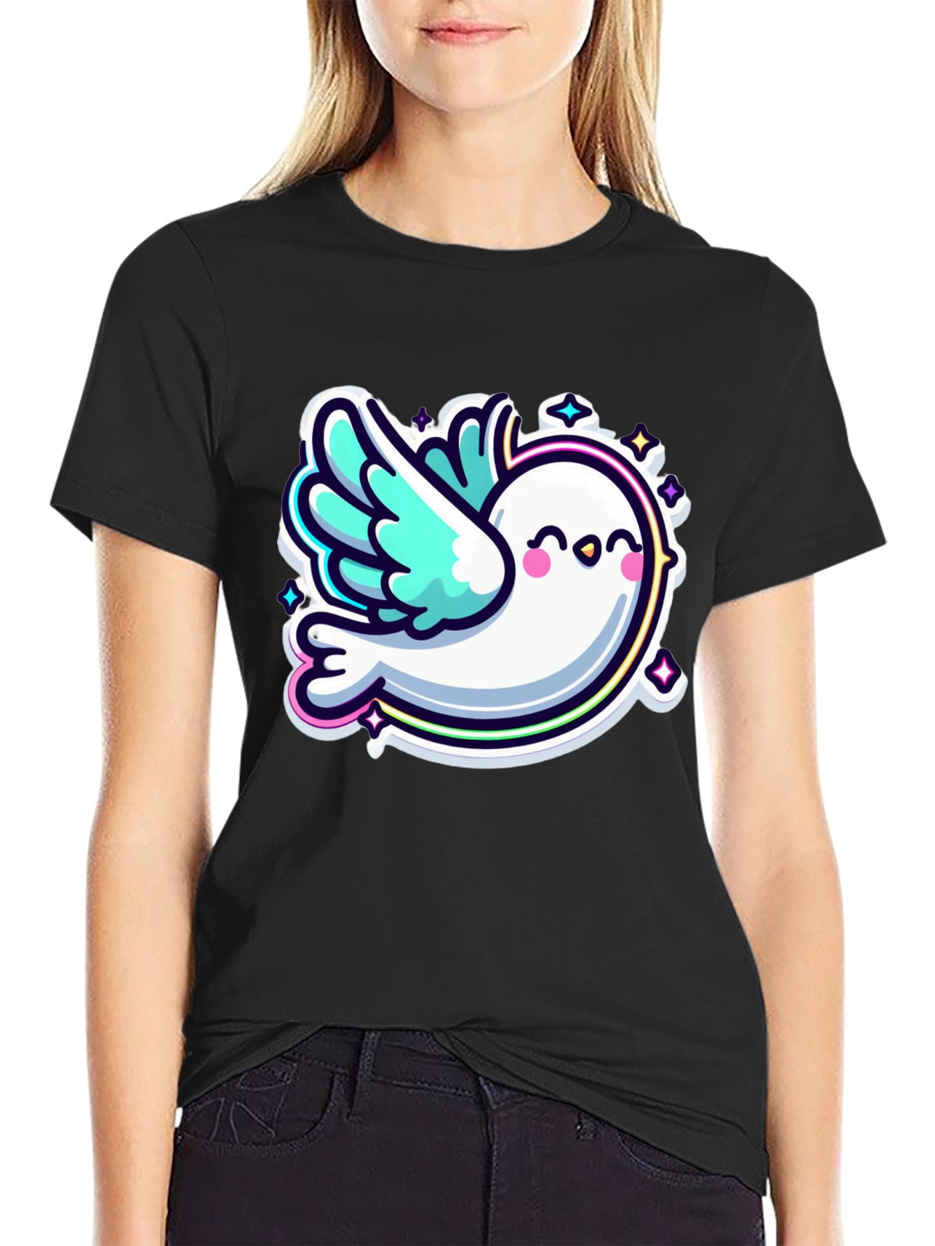 Black Cute Cartoon Dove Graphic Black T-Shirt view 2