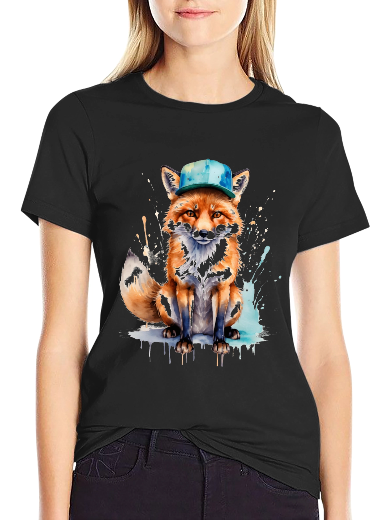 Black Fox with Hat Graphic Tee - Unique Design view 2