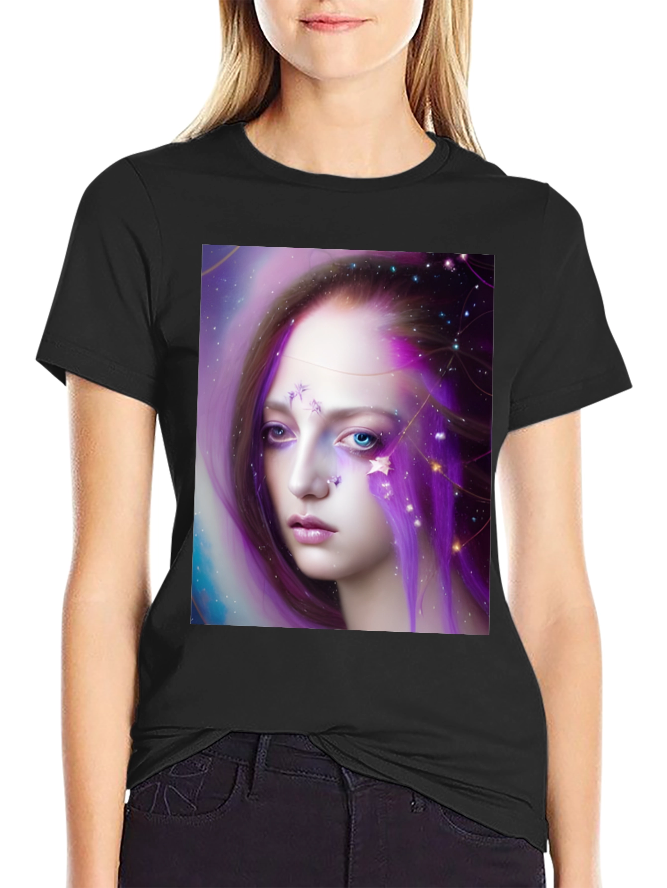Black Celestial Woman Graphic Tee - Unique Art Shirt view 2