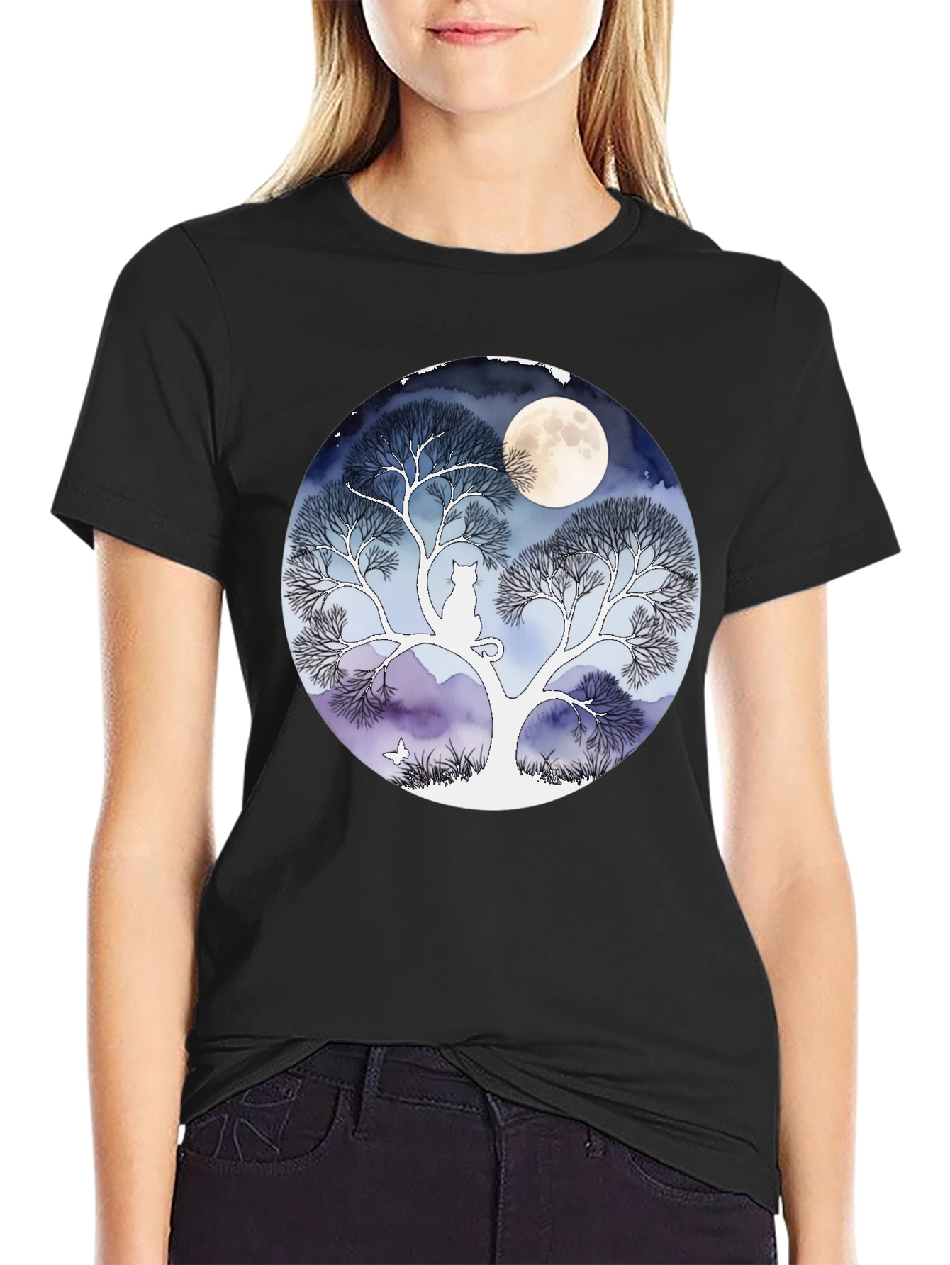 Black Moonlit Cat Tree Graphic Tee - Black view 2