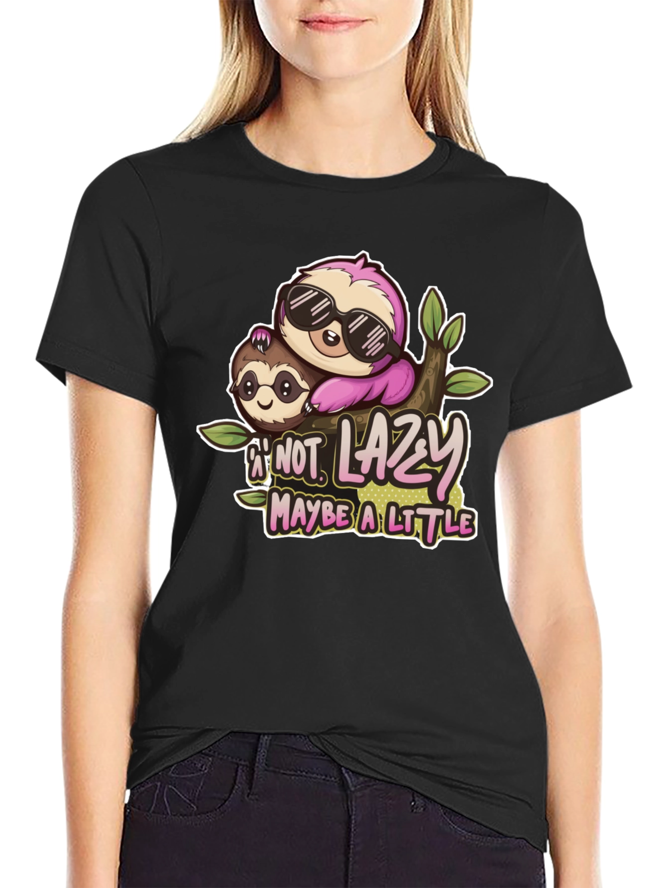 Black Funny Sloth 'Not Lazy' Graphic Tee - Black view 2