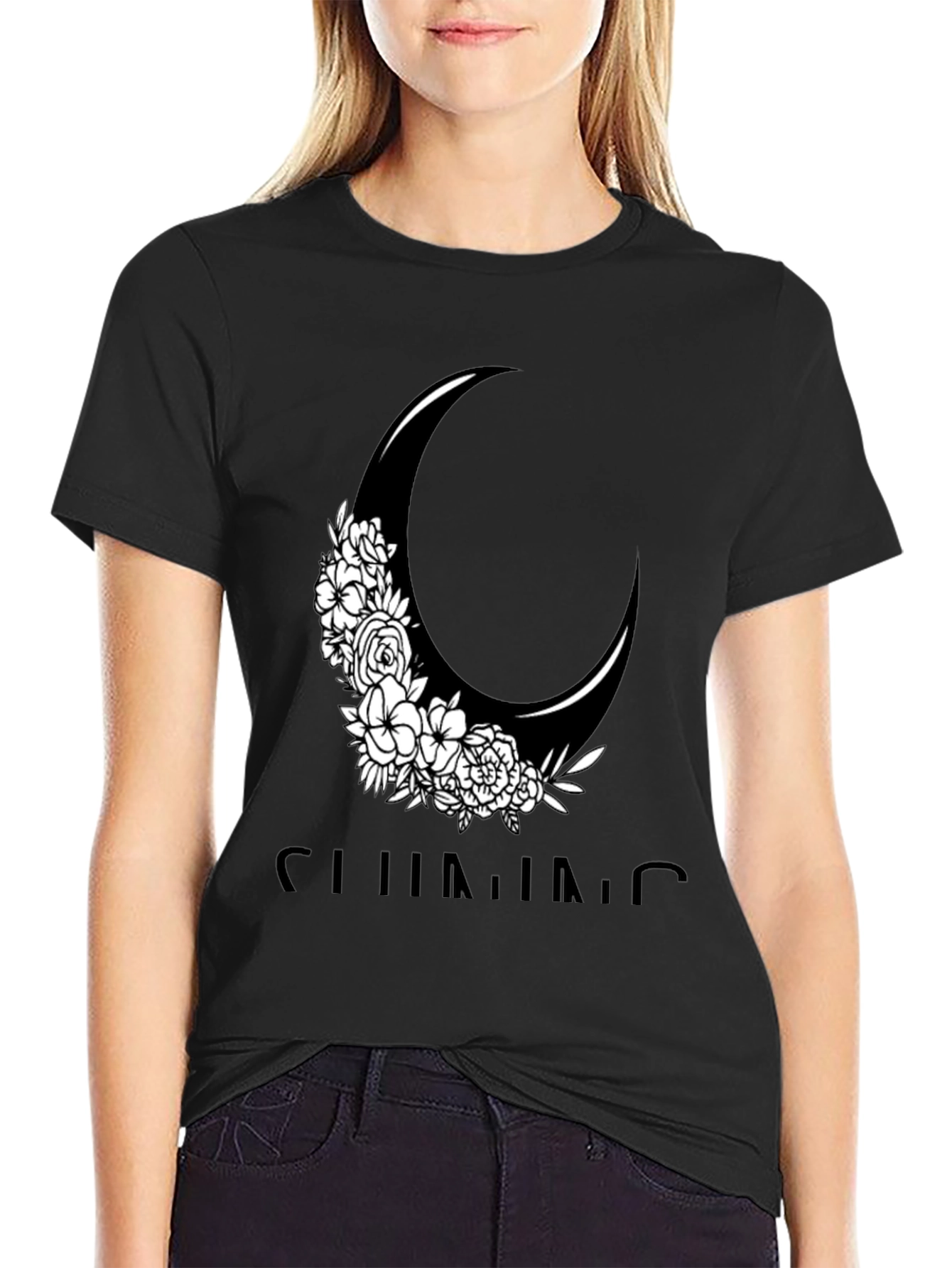 Black Floral Crescent Moon Graphic Tee - Black Cotton Casual Shirt view 2