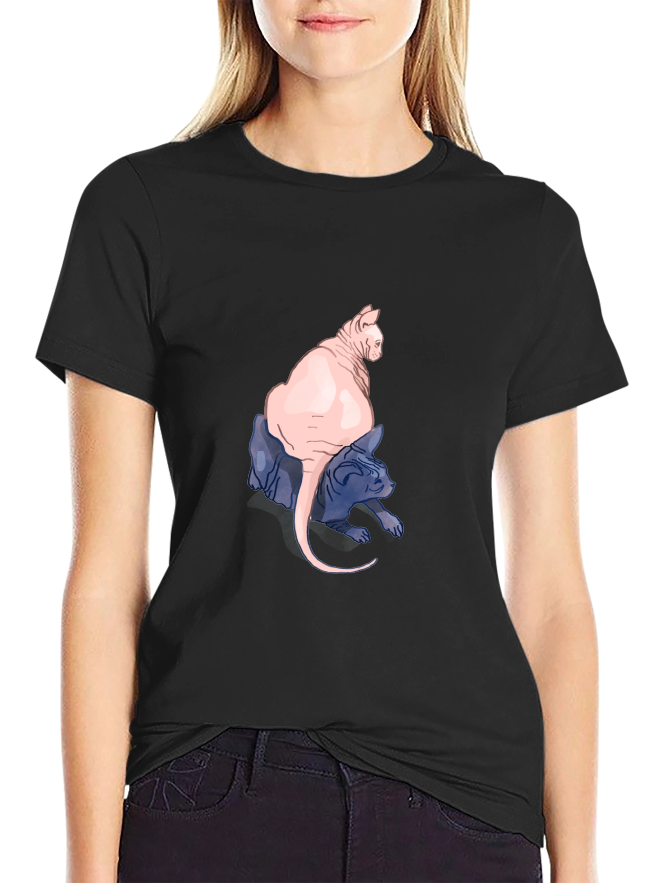 Black Two Hairless Cats Black T-Shirt view 2