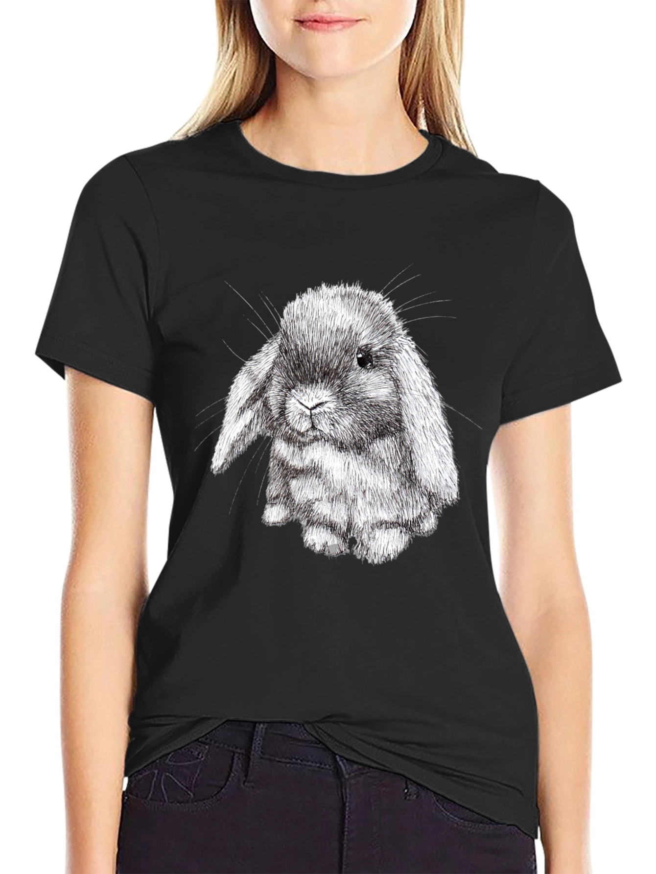 Black Cute Bunny Graphic Black T-Shirt view 2